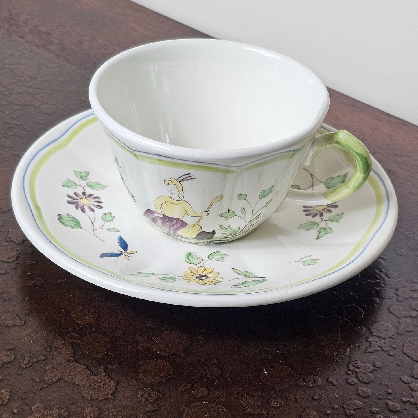 Longchamp France Vintage Hand-Painted Garden Ceramic Tea Cup Saucer Set