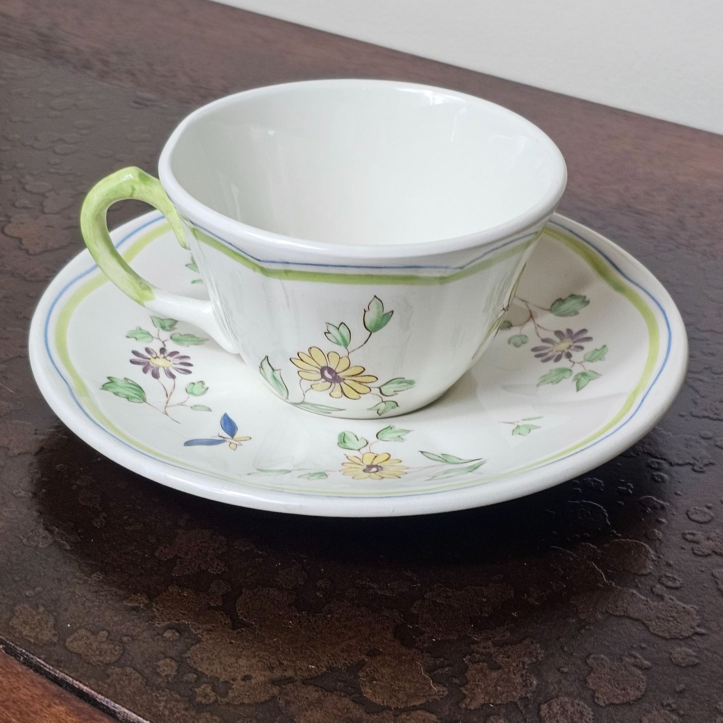 Longchamp France Vintage Hand-Painted Garden Ceramic Tea Cup Saucer Set