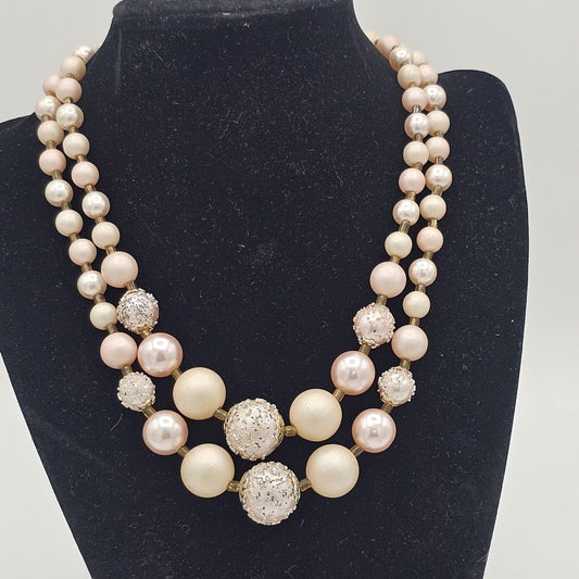 Vintage Signed Japan Double Strand Light Pink & Cream Sugar Bead Necklace Mod