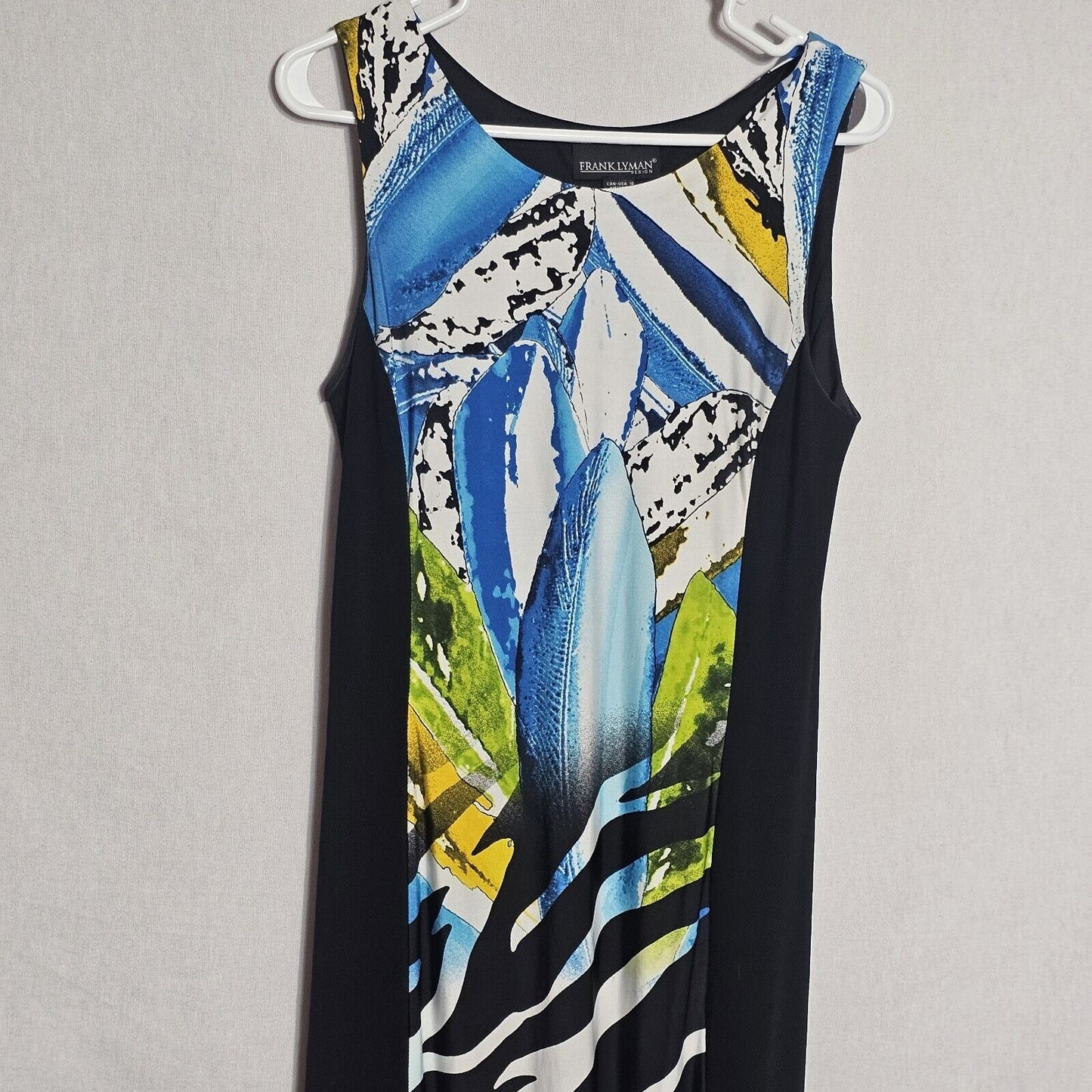 Frank Lyman Bodycon Abstract Dress Size 10 Lined Black Blue White Sleeveless