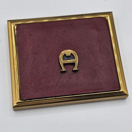 Vintage 70s Etienne Aigner Brass Mahogany Leather Mirror Compact