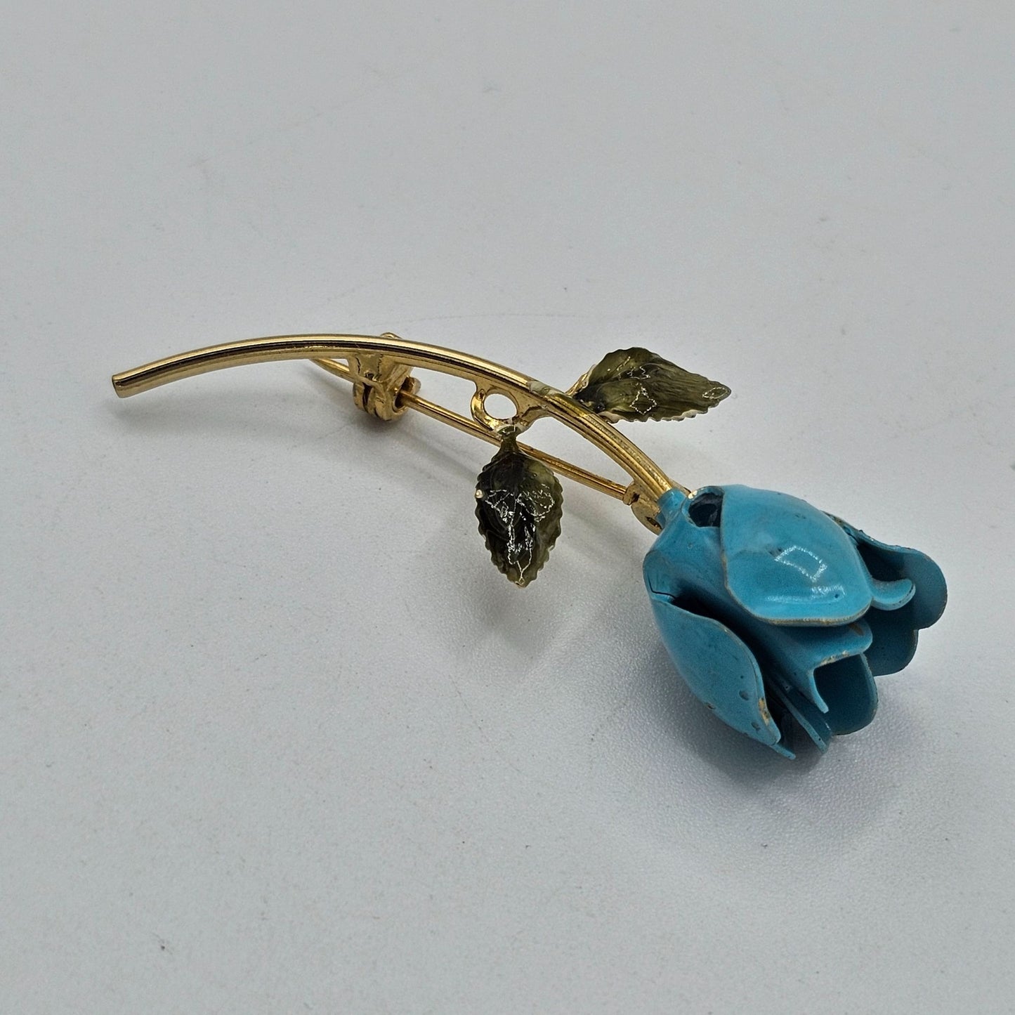 Teal Blue Enamel Gold-tone Vintage Rose Stemmed Brooch