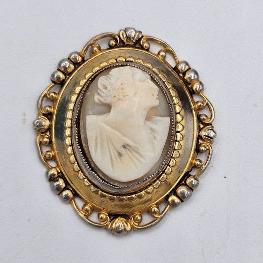 Antique Edwardian Gold-tone Carved Shell Cameo Brooch Pin High Relief