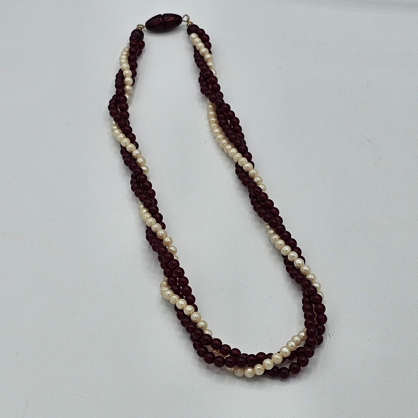 Multi-Strand Twisted Rope Faux Pearl Garnet Colored Beaded Necklace