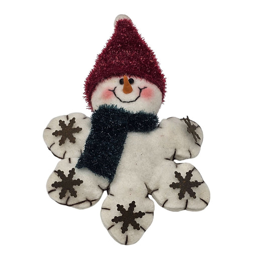 Vintage Snowman Ornament With Red Hat & Scarf 6" Handmade Felt Snowflake Shaped