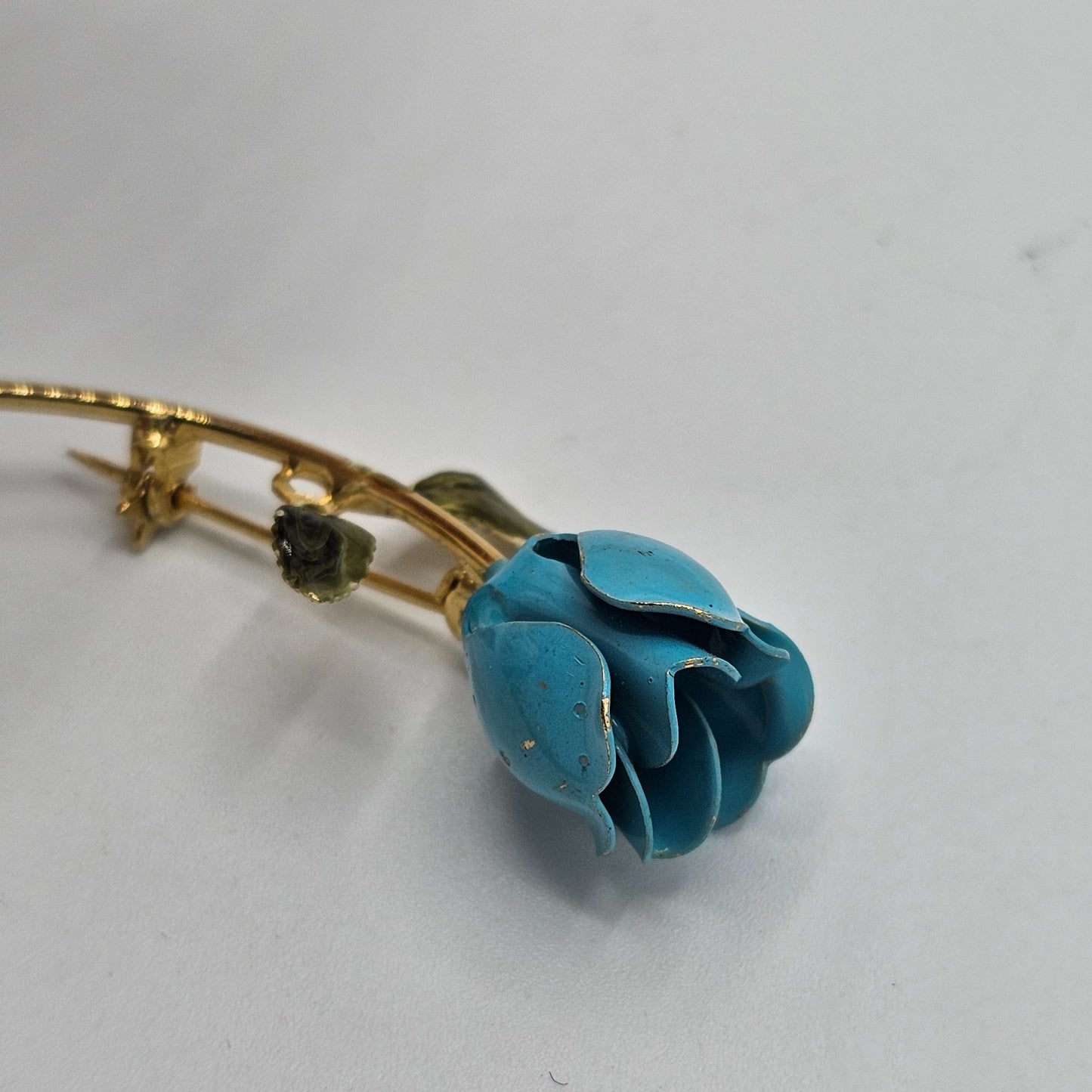 Teal Blue Enamel Gold-tone Vintage Rose Stemmed Brooch