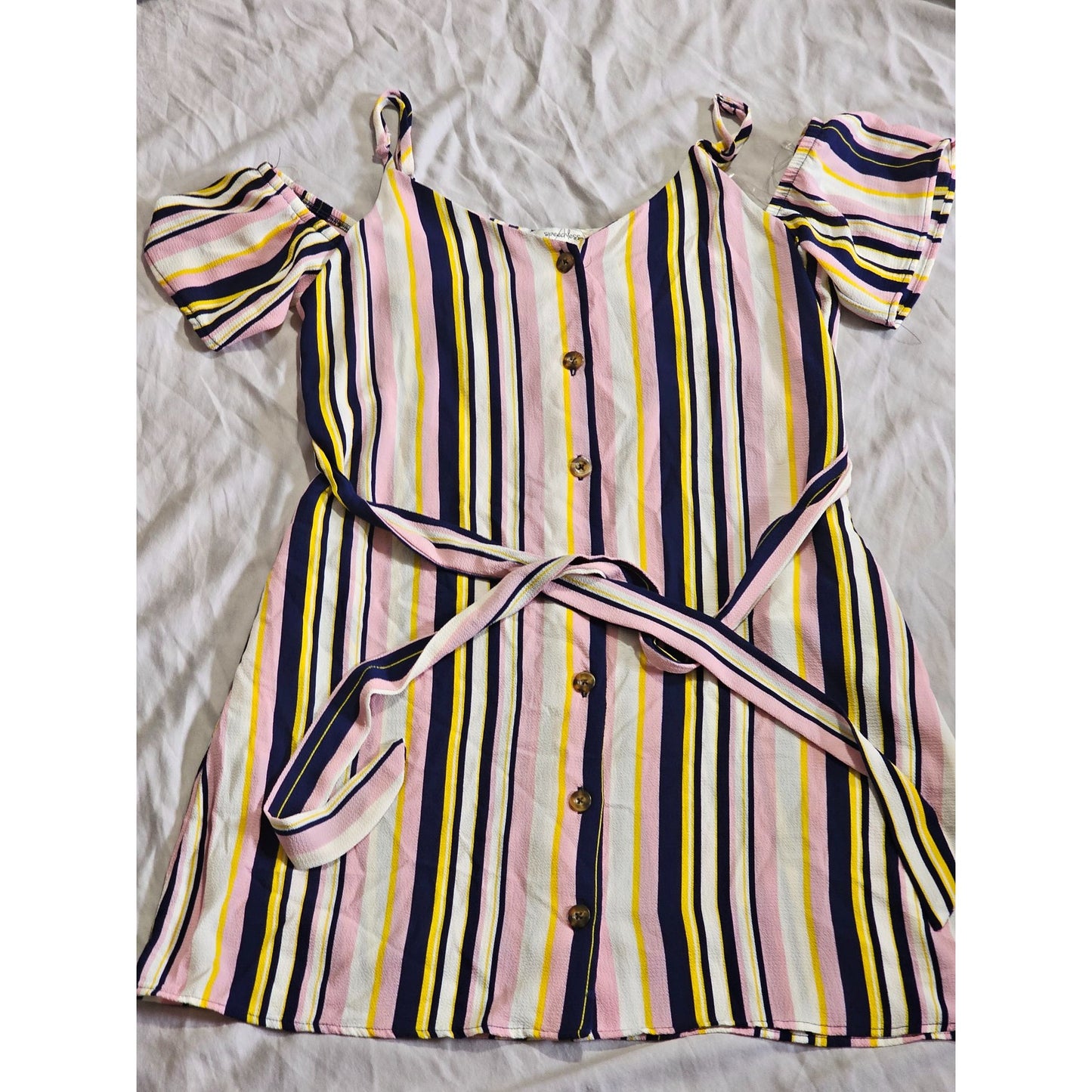 Speechless Pink, Navy, Yellow Vertical Striped Cold-shoulder Short Dress Size M