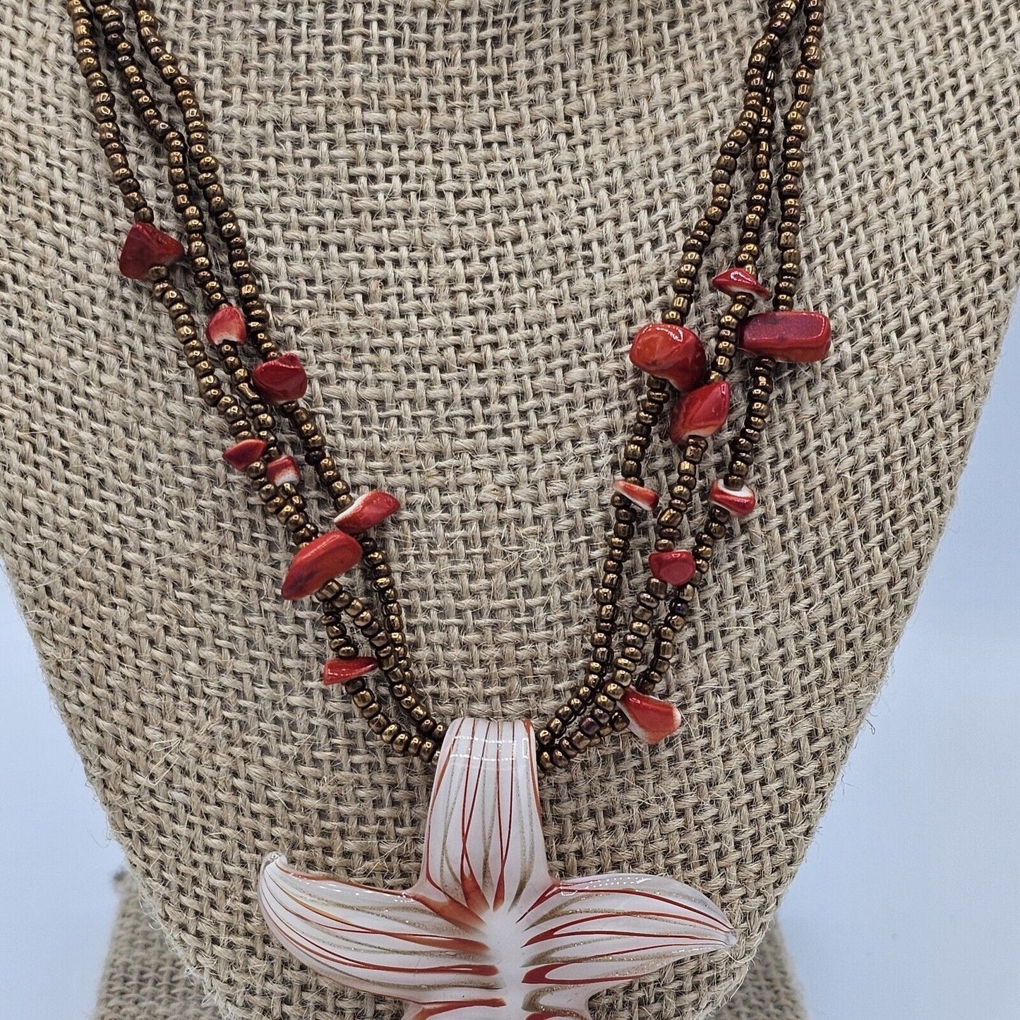 Star Flower Dichroic Necklace Faux Red Coral Beaded Multi Stranded