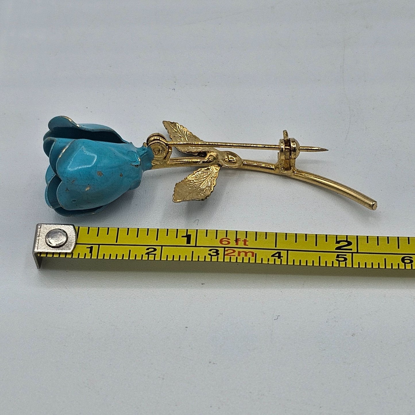 Teal Blue Enamel Gold-tone Vintage Rose Stemmed Brooch