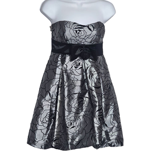 Sequin Hearts Strapless Black & Silver Floral Dress With Bow Accent Size 5