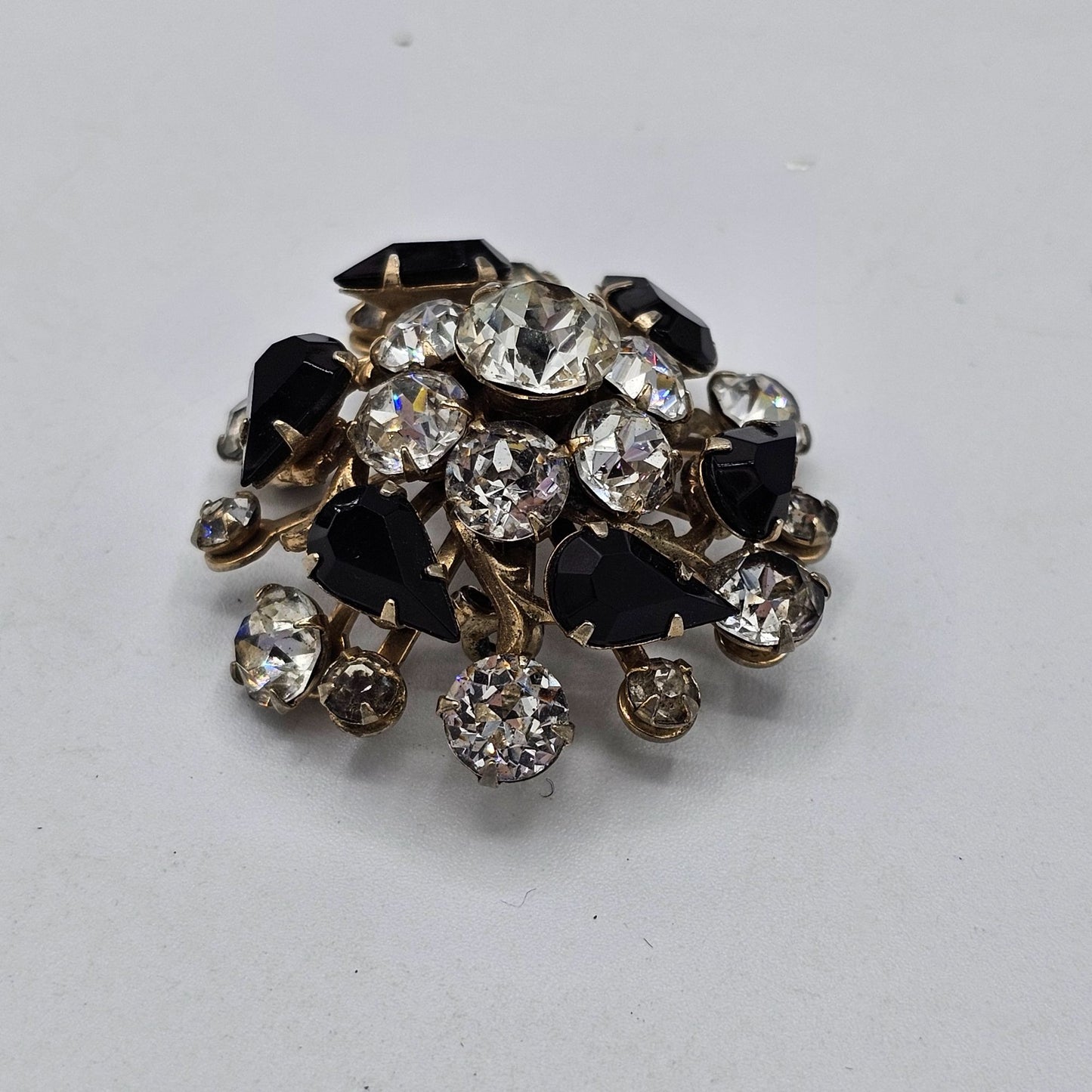 Vintage Round Clear Pear Shaped Black Rhinestone Domed Flower Brooch