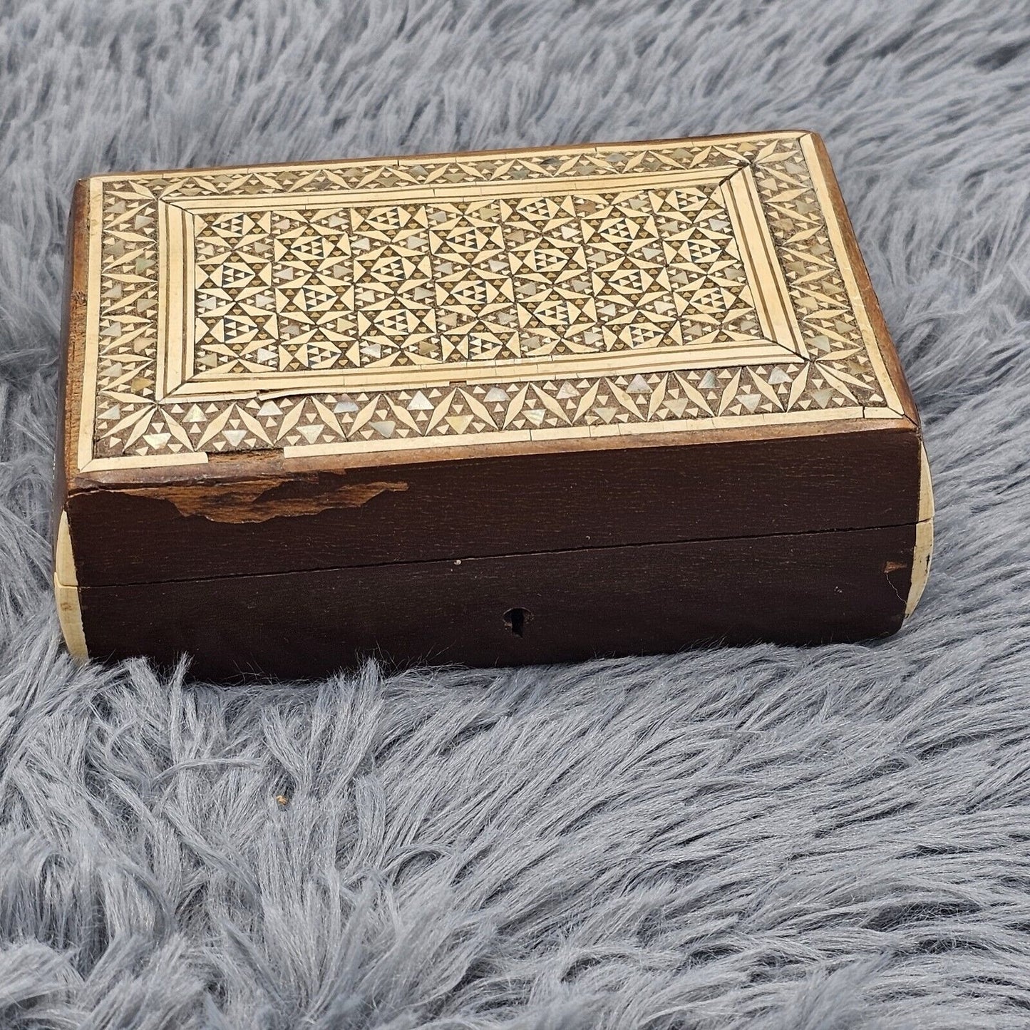 Wooden Marquetry Mosaic Trinket Box with Mother of Pearl Inlay Vintage