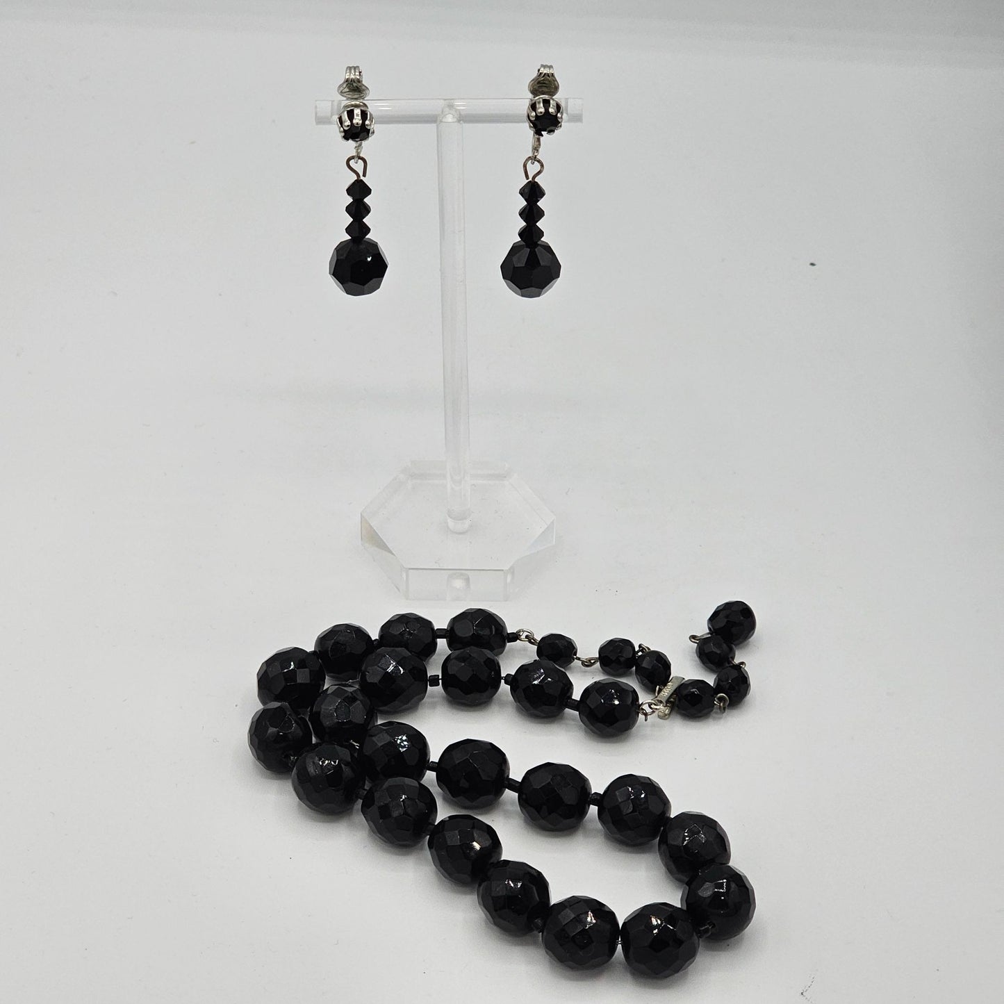 Hobe Vintage Black Fauceted Glass Beaded Mourning Necklace Dangle Earrings Set