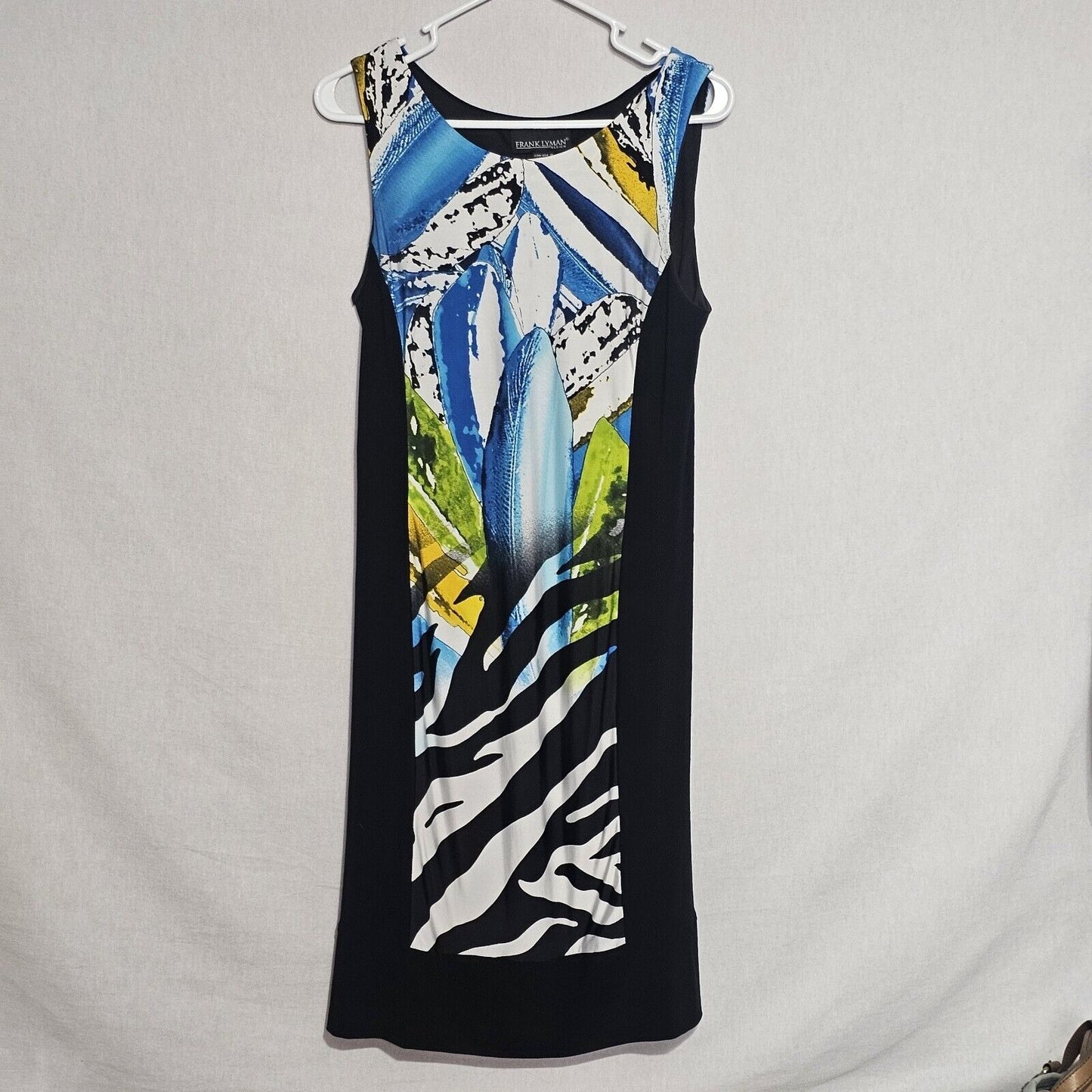 Frank Lyman Bodycon Abstract Dress Size 10 Lined Black Blue White Sleeveless