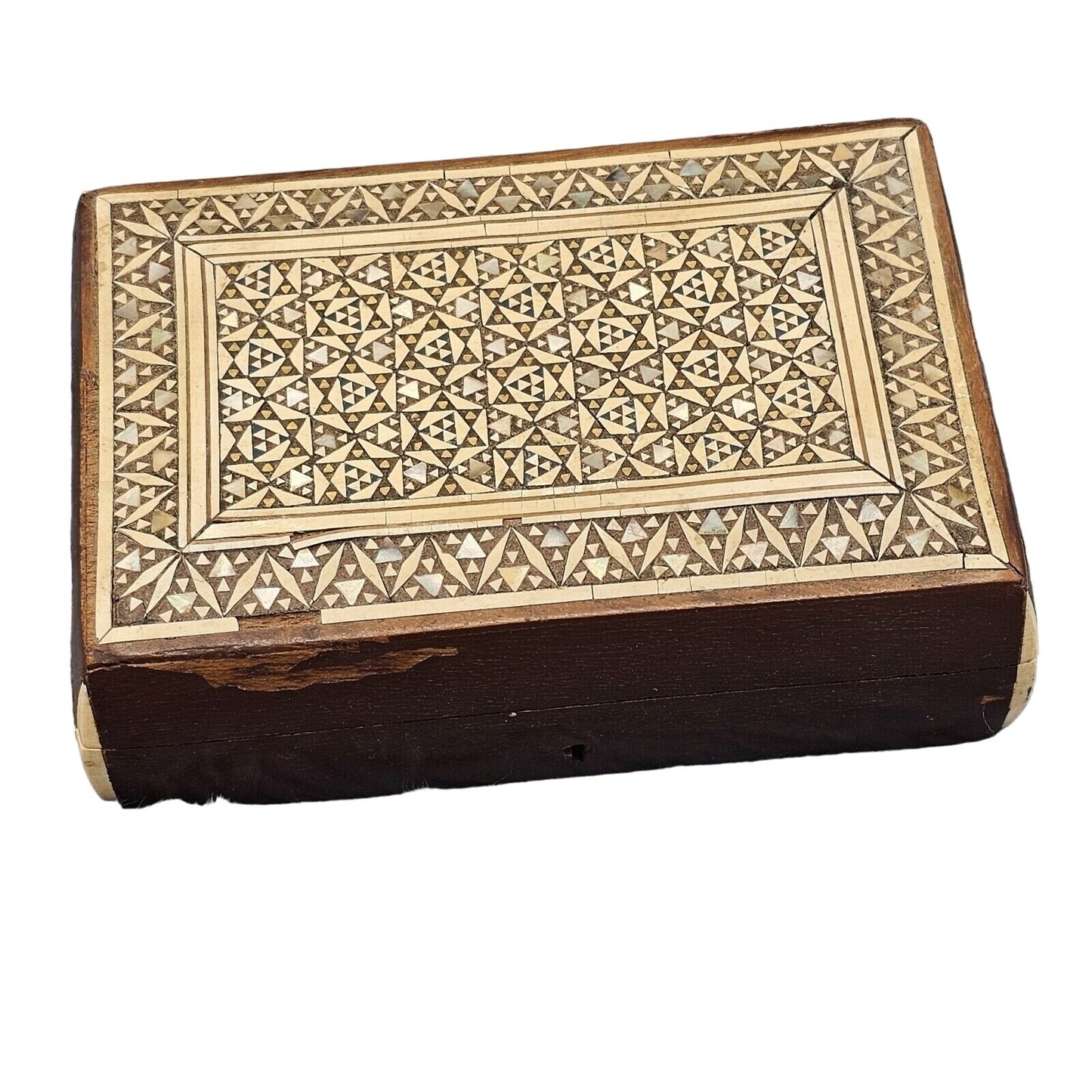 Wooden Marquetry Mosaic Trinket Box with Mother of Pearl Inlay Vintage