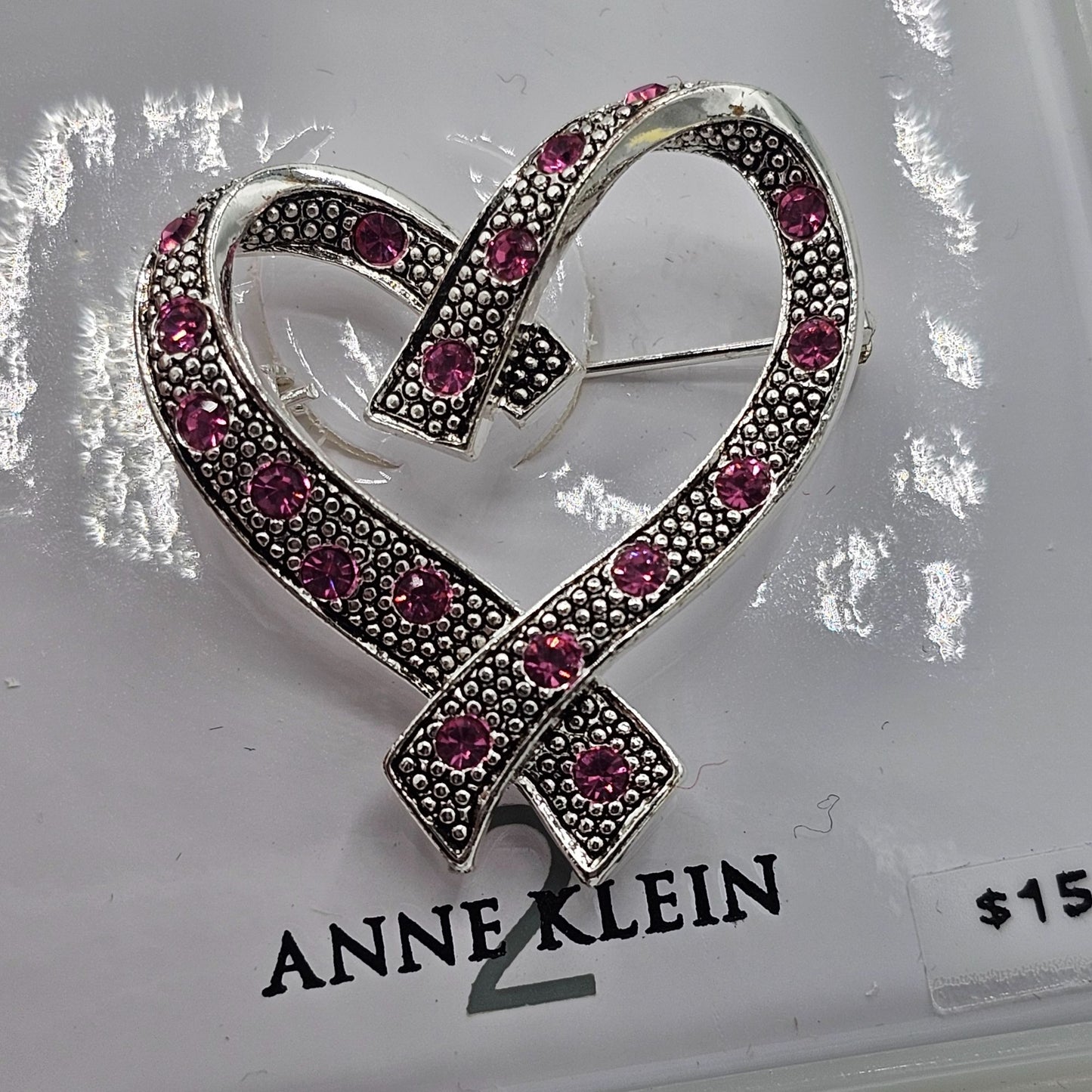 Anne Klein Vintage NOS in Box Pink Rhinestone Silver-tone Heart Brooch