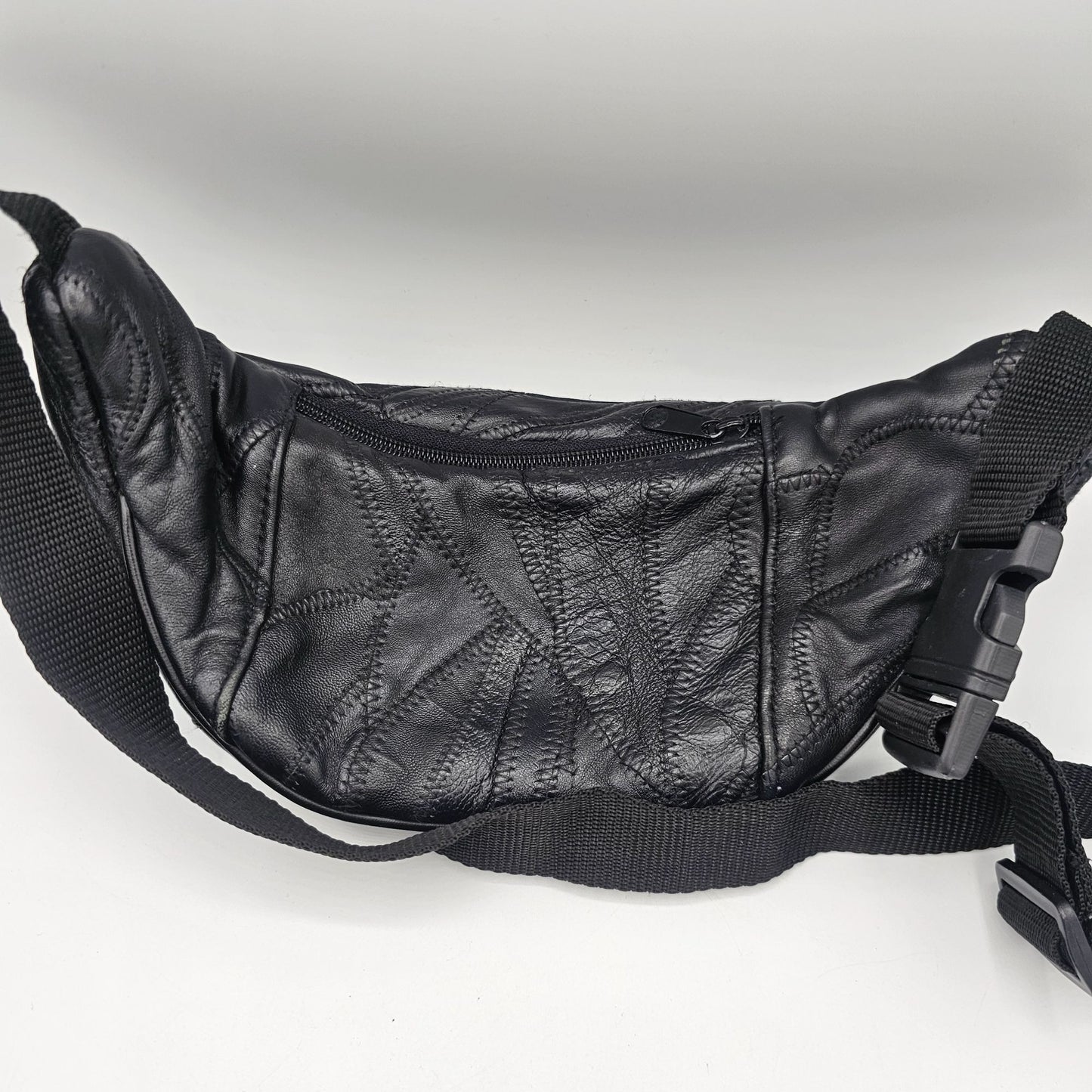 Vintage Black Leather Fanny Pack Waist Bag With Multiple Zippers & Adjustable Strap