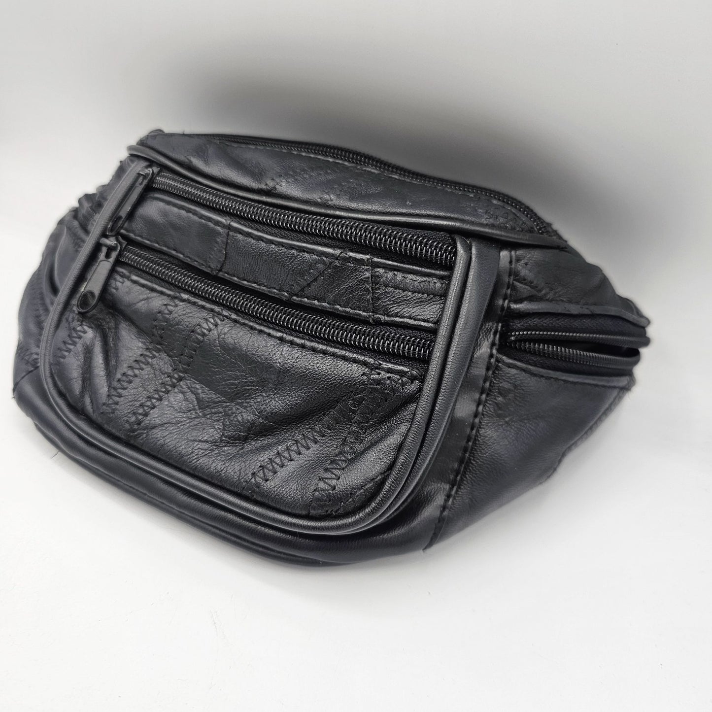 Vintage Black Leather Fanny Pack Waist Bag With Multiple Zippers & Adjustable Strap