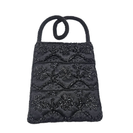 Handmade Black Beaded Embroidered Evening Bag With Snap Closure & Braided Strap