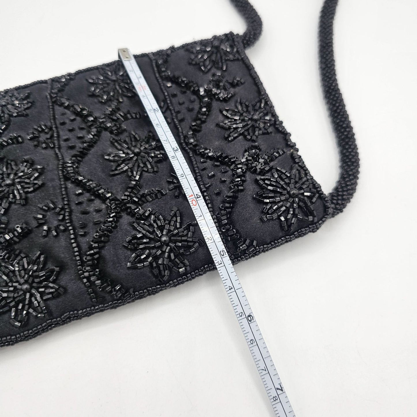 Handmade Black Beaded Embroidered Evening Bag With Snap Closure & Braided Strap