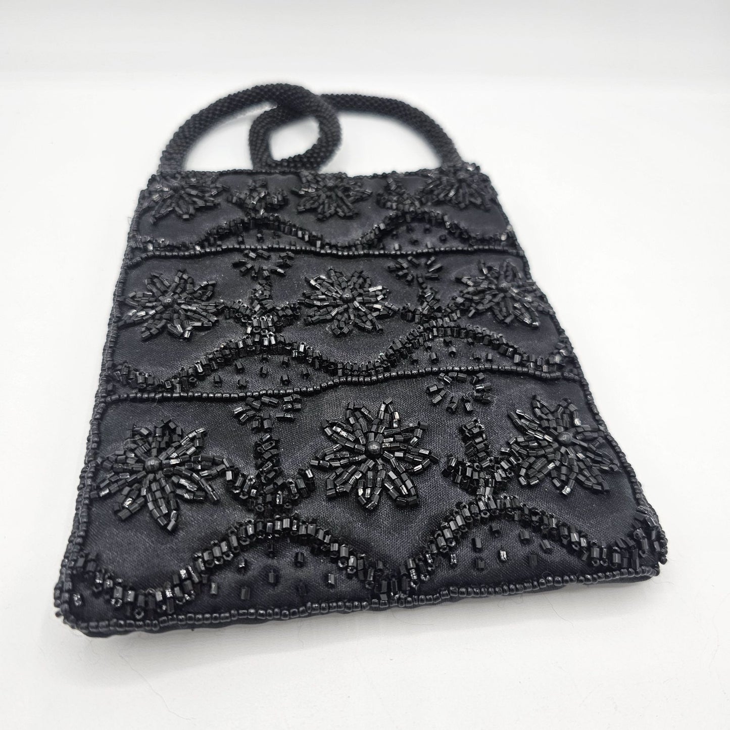 Handmade Black Beaded Embroidered Evening Bag With Snap Closure & Braided Strap