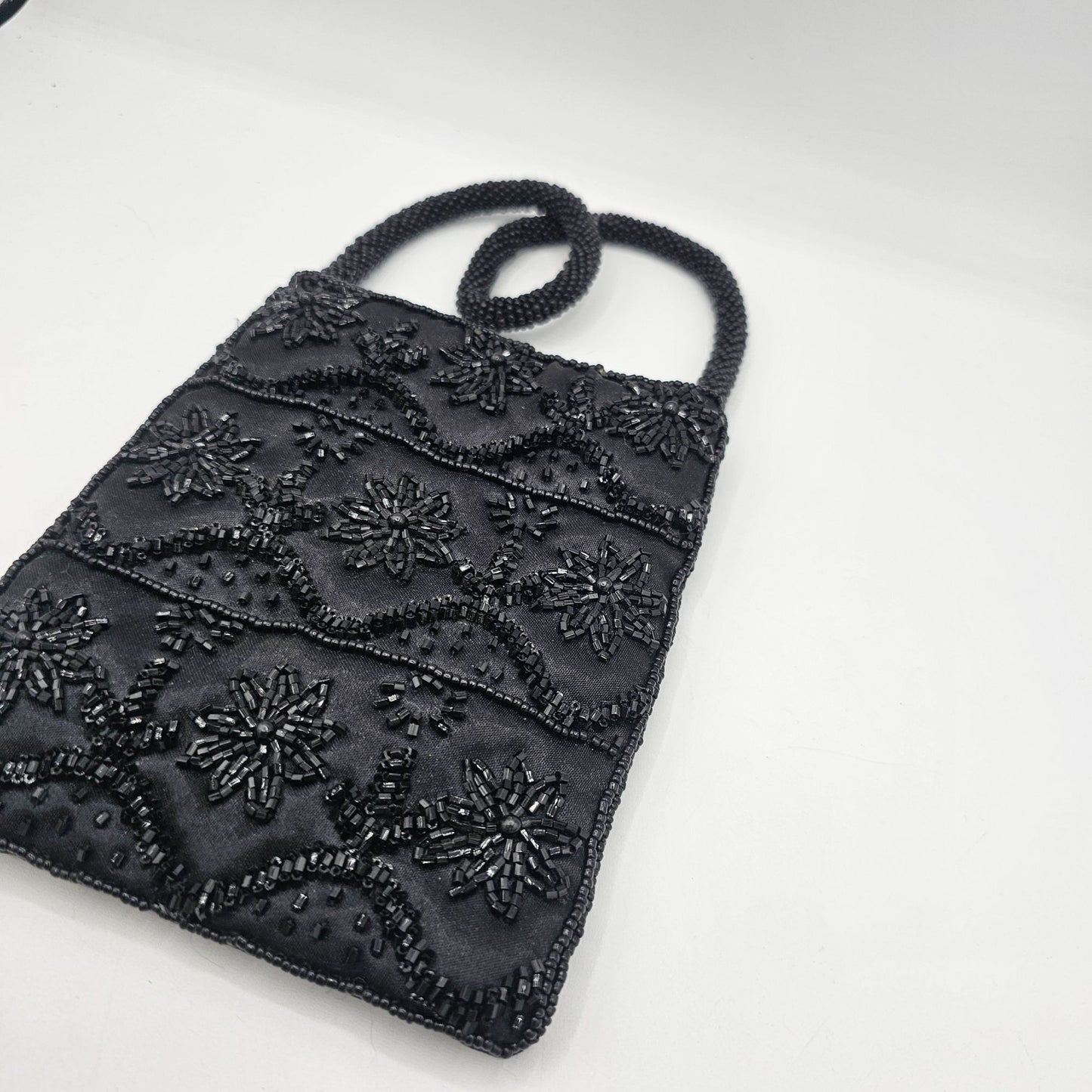 Handmade Black Beaded Embroidered Evening Bag With Snap Closure & Braided Strap