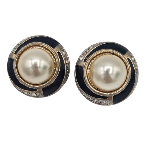 Vintage Round Gold-tone Clip-On Earrings Faux Pearl & Rhinestones Black Enamel