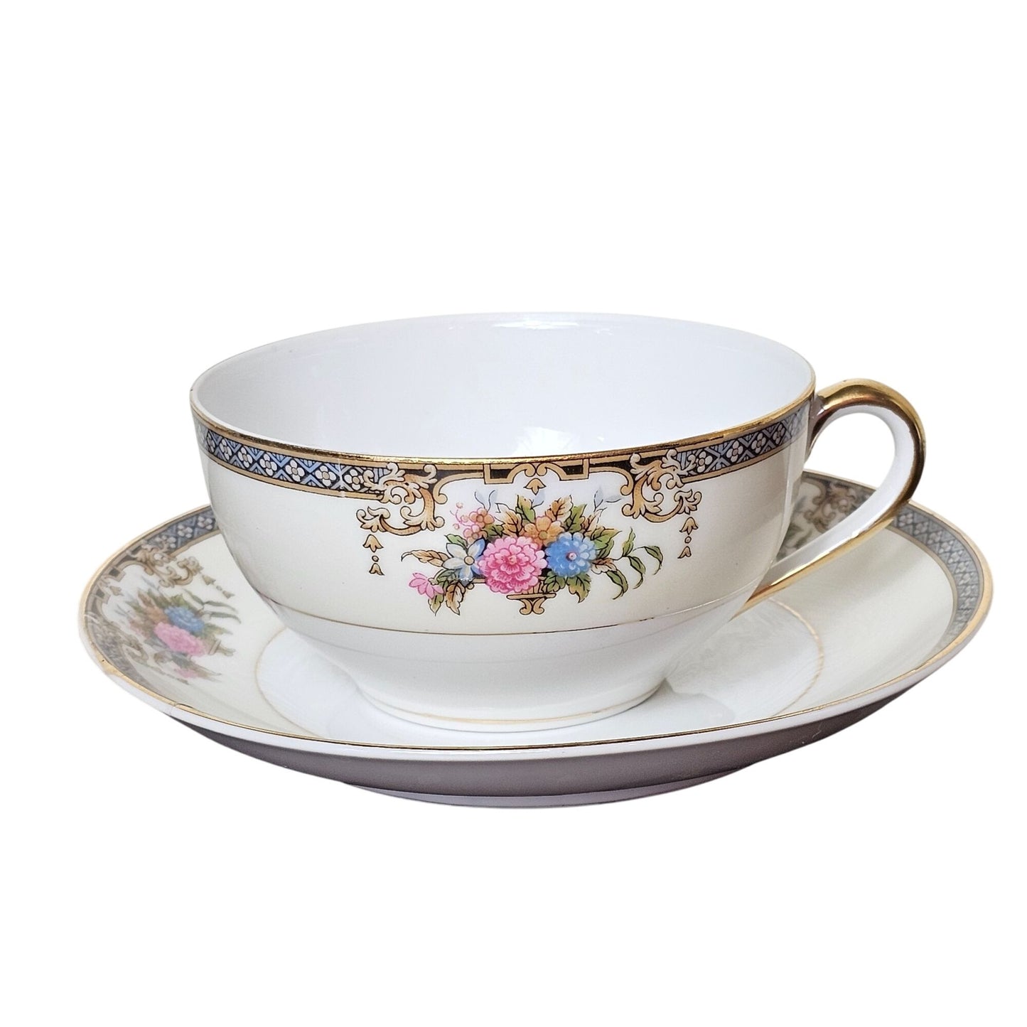 Noritake Grasmere Floral Intricate Rim Design Gold Trim Tea Cup Saucer Set Japan