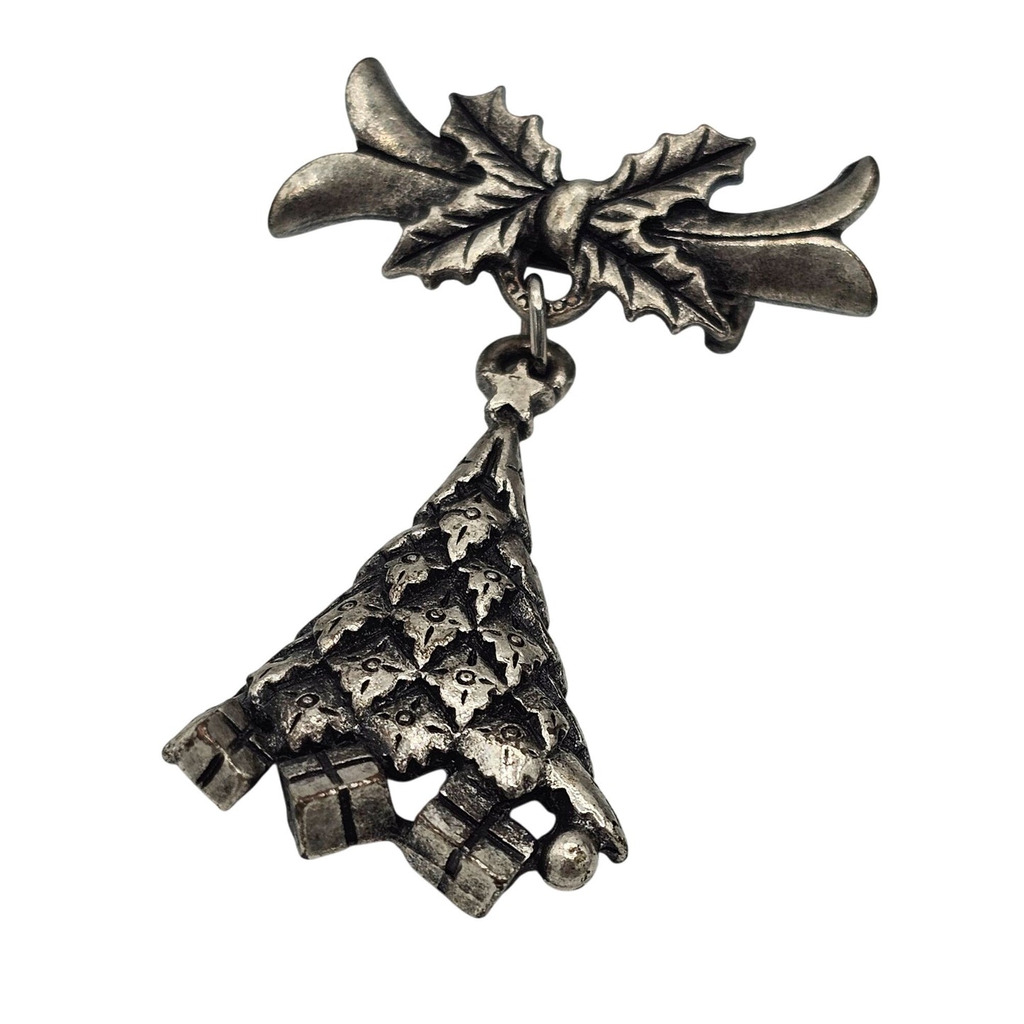 Vintage Holly Dangle Christmas Tree Pin Brooch Pewter Presents Holiday Design