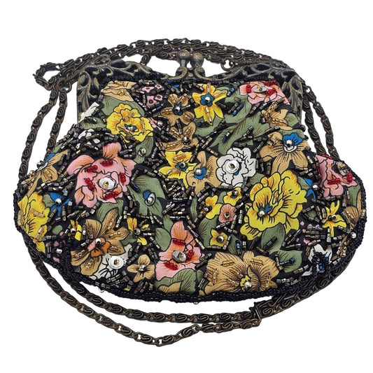 Vintage Floral Beaded Ladies Clutch Purse Ornate Metal Frame Long Chain Strap