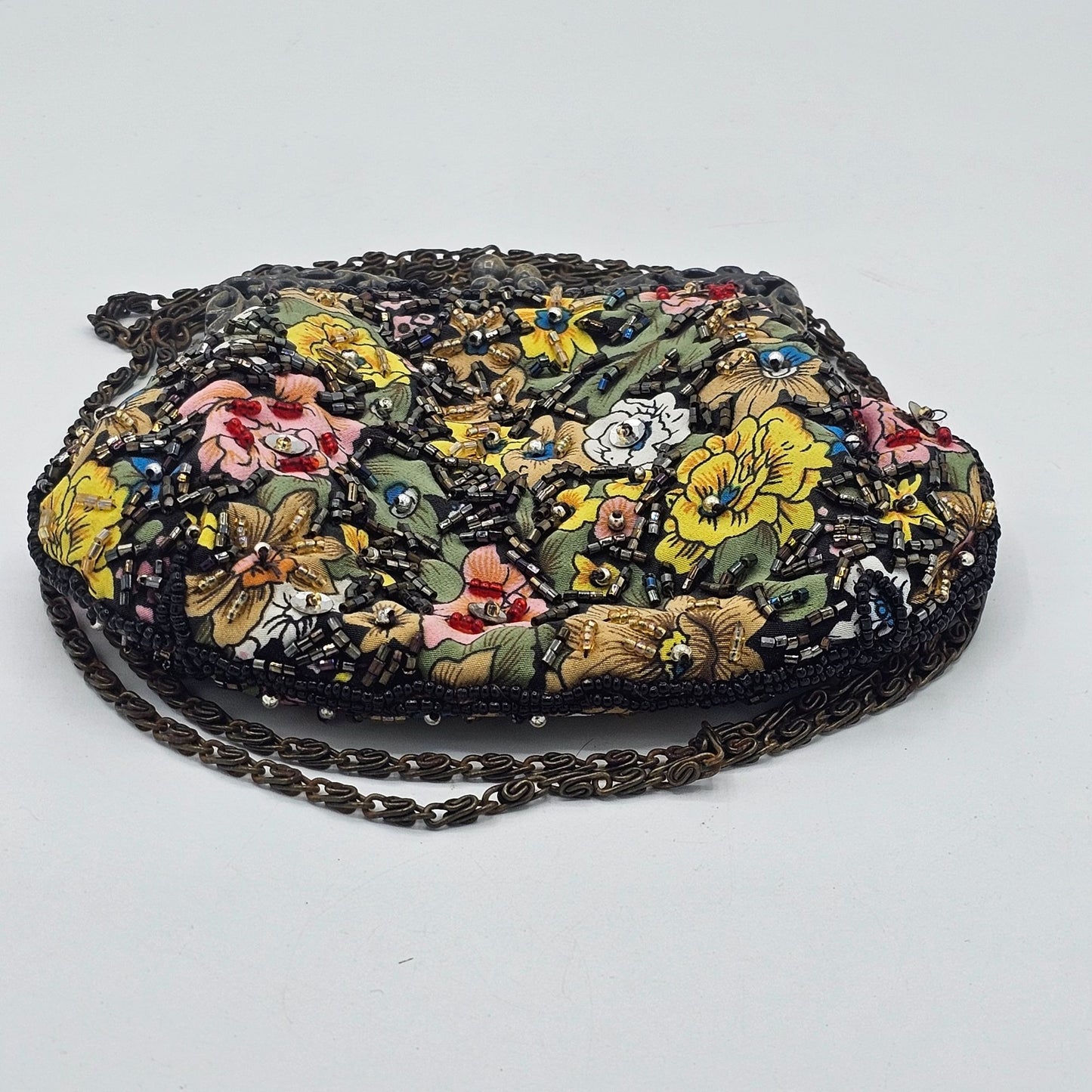 Vintage Floral Beaded Ladies Clutch Purse Ornate Metal Frame Long Chain Strap