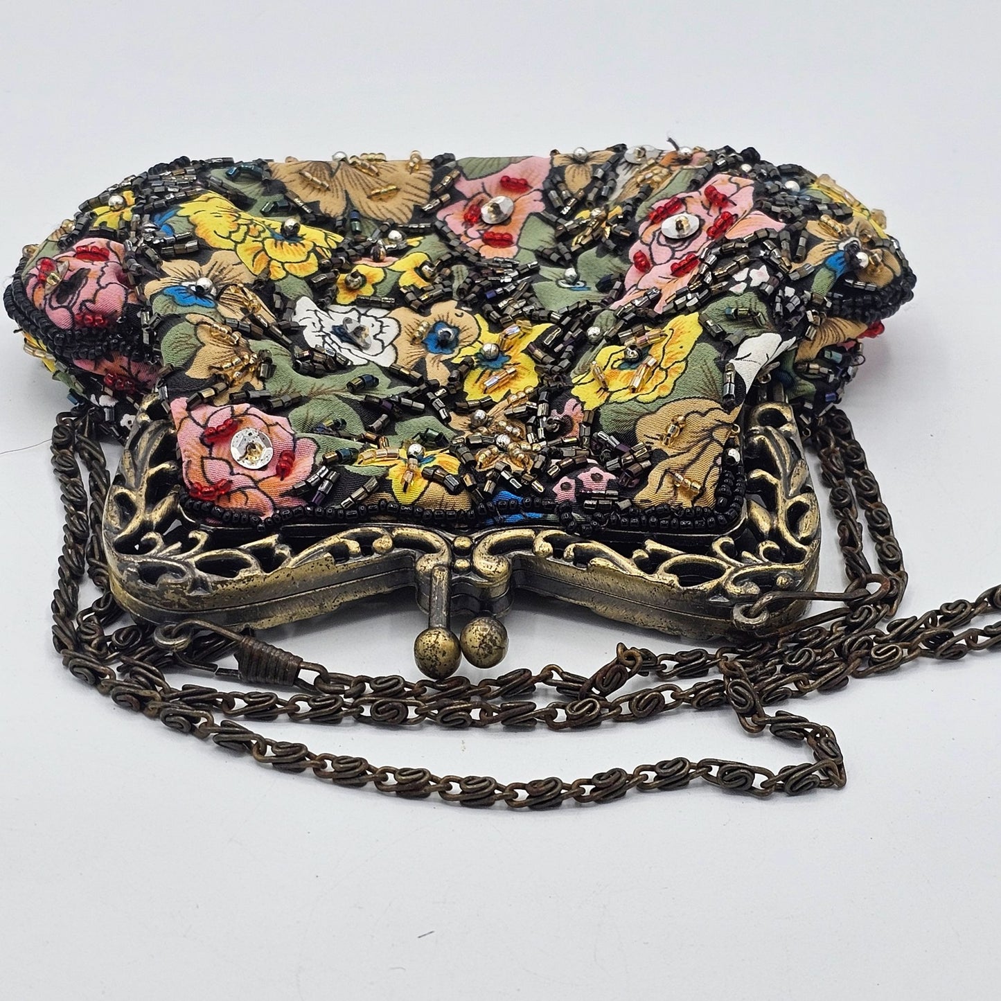 Vintage Floral Beaded Ladies Clutch Purse Ornate Metal Frame Long Chain Strap