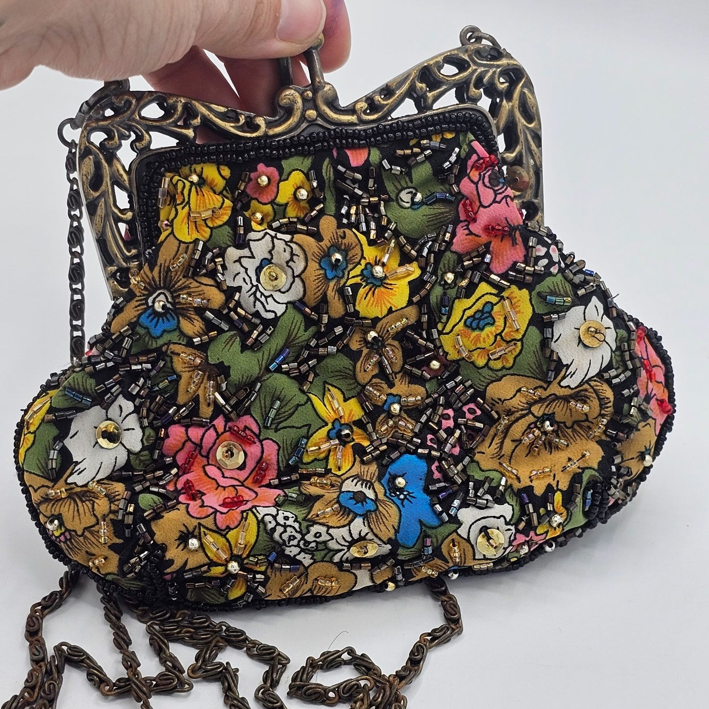 Vintage Floral Beaded Ladies Clutch Purse Ornate Metal Frame Long Chain Strap