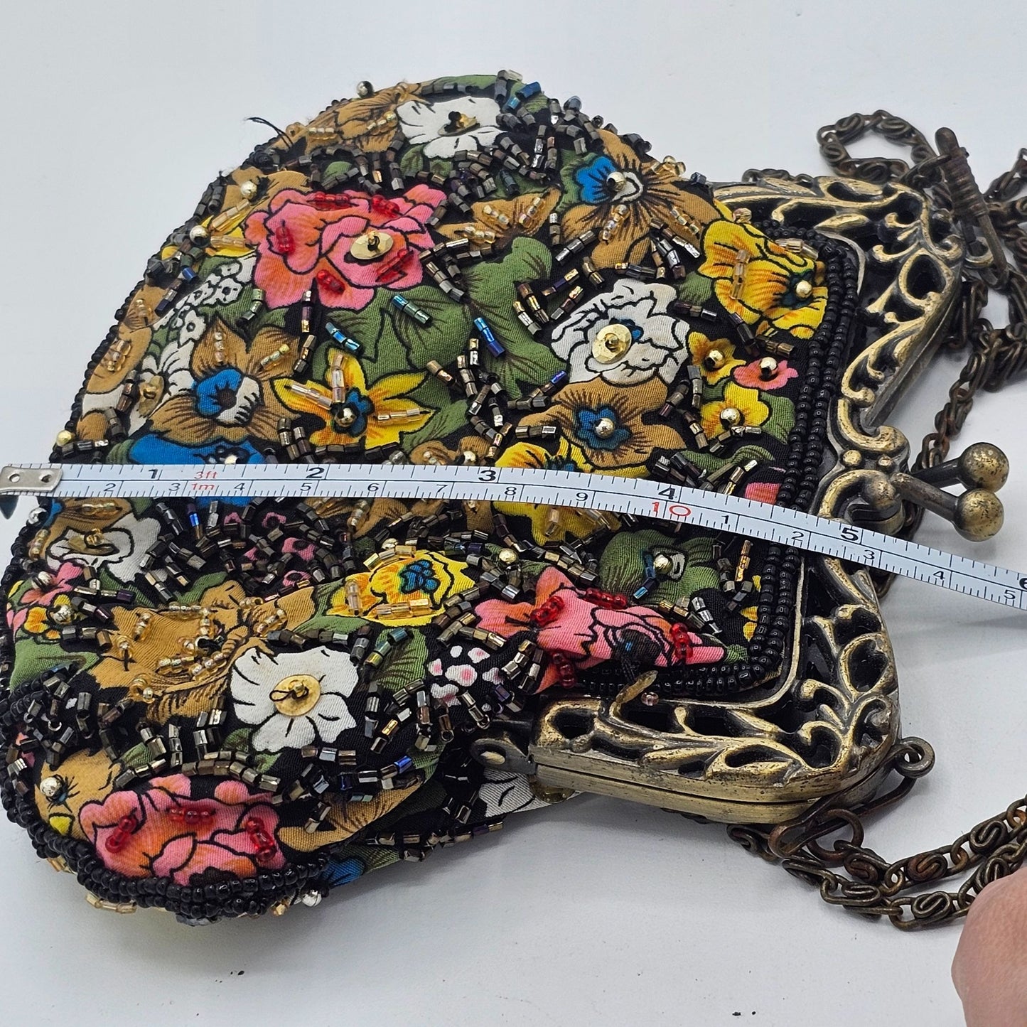 Vintage Floral Beaded Ladies Clutch Purse Ornate Metal Frame Long Chain Strap