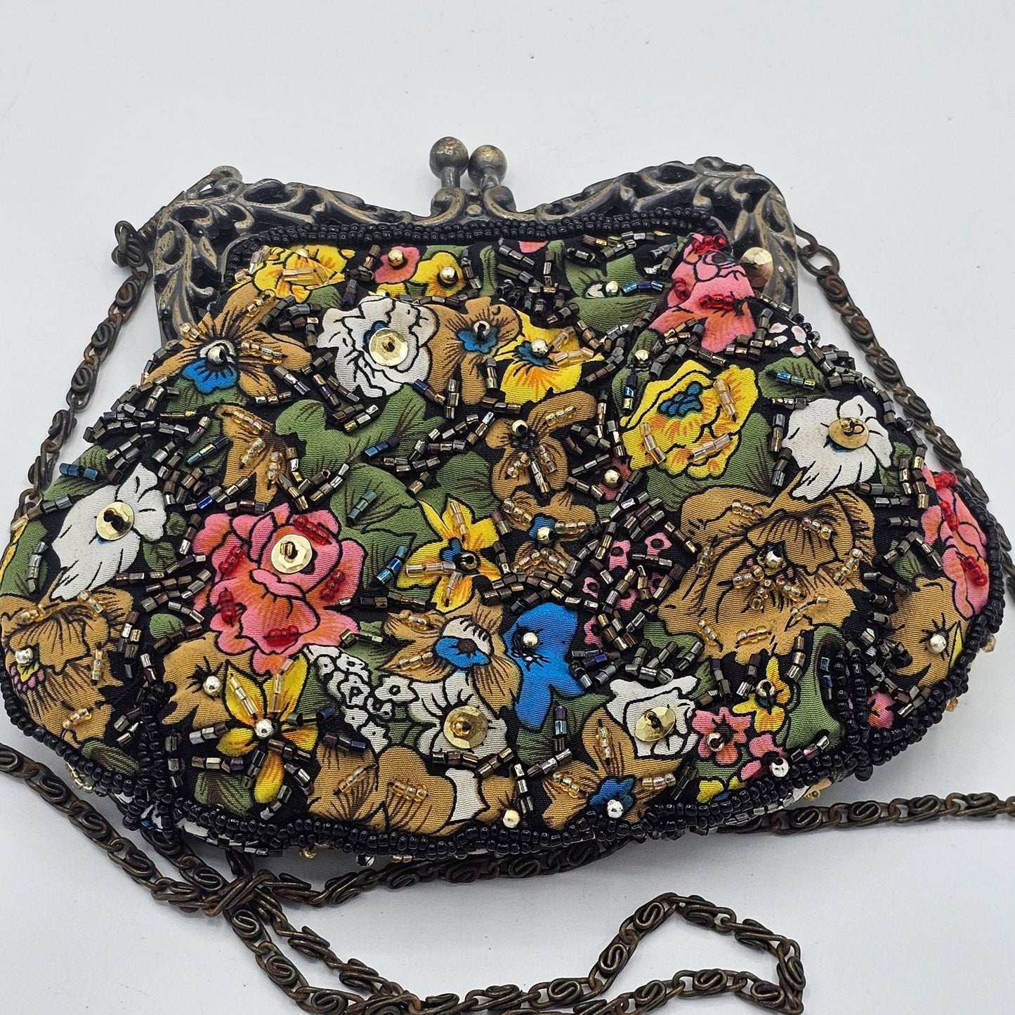 Vintage Floral Beaded Ladies Clutch Purse Ornate Metal Frame Long Chain Strap