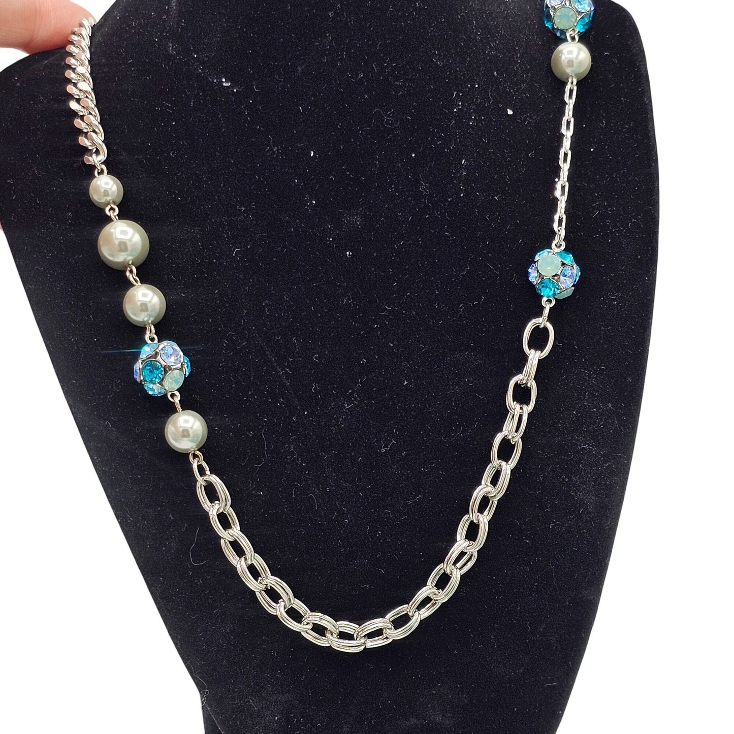 Lucy & Laurel Silver Chain Station Necklace Faux Pearls Blue Rhinestone Accents