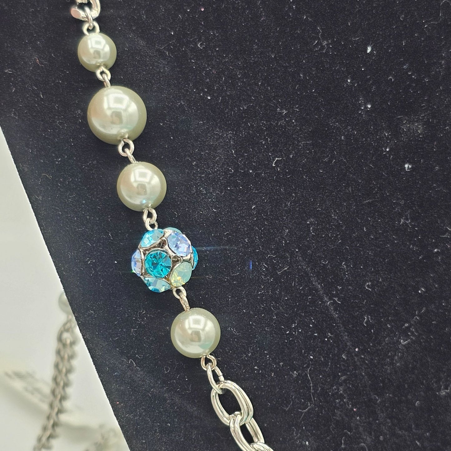 Lucy & Laurel Silver Chain Station Necklace Faux Pearls Blue Rhinestone Accents