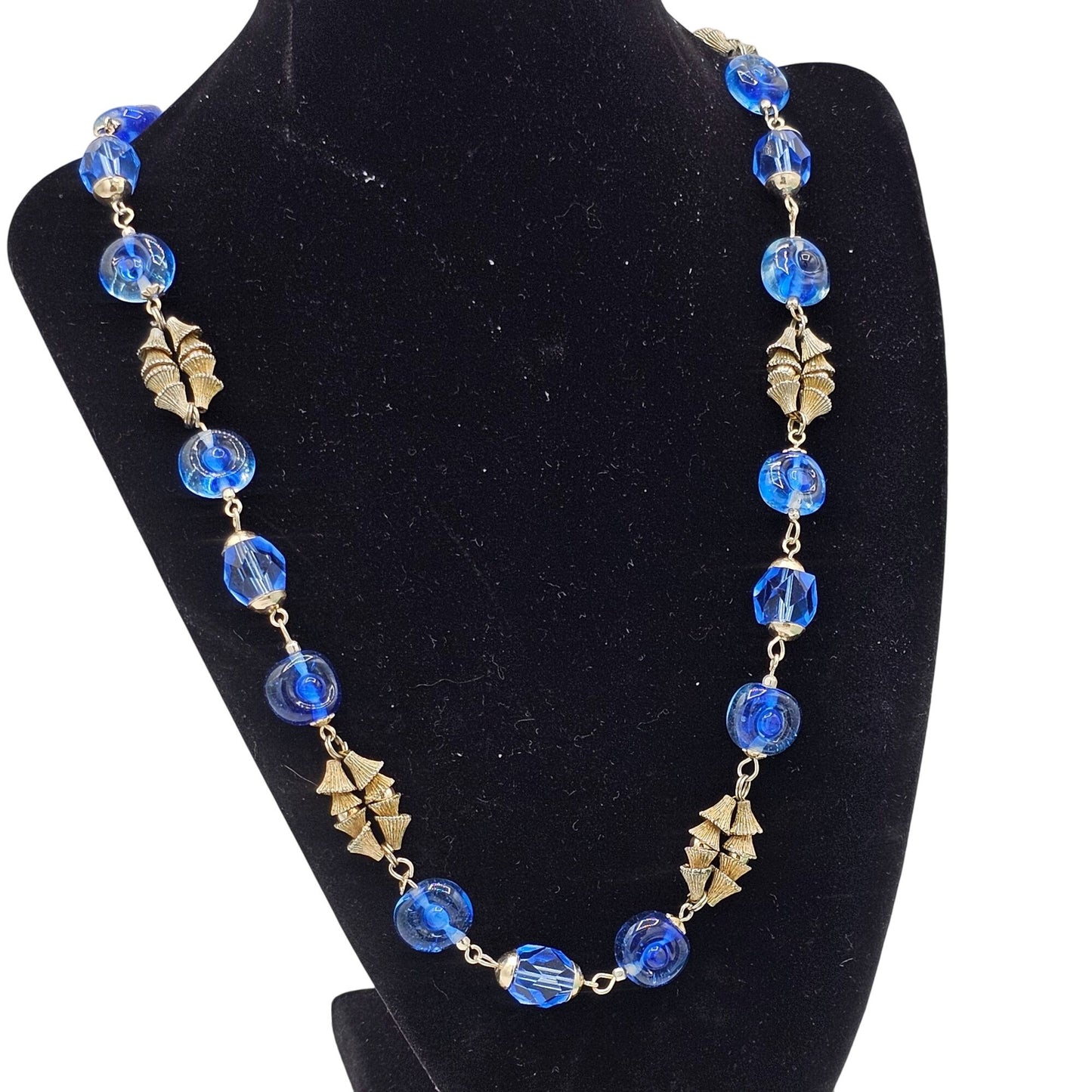 Vintage Blue Glass Crystal Silver-Tone Bell Unique Beaded Necklace