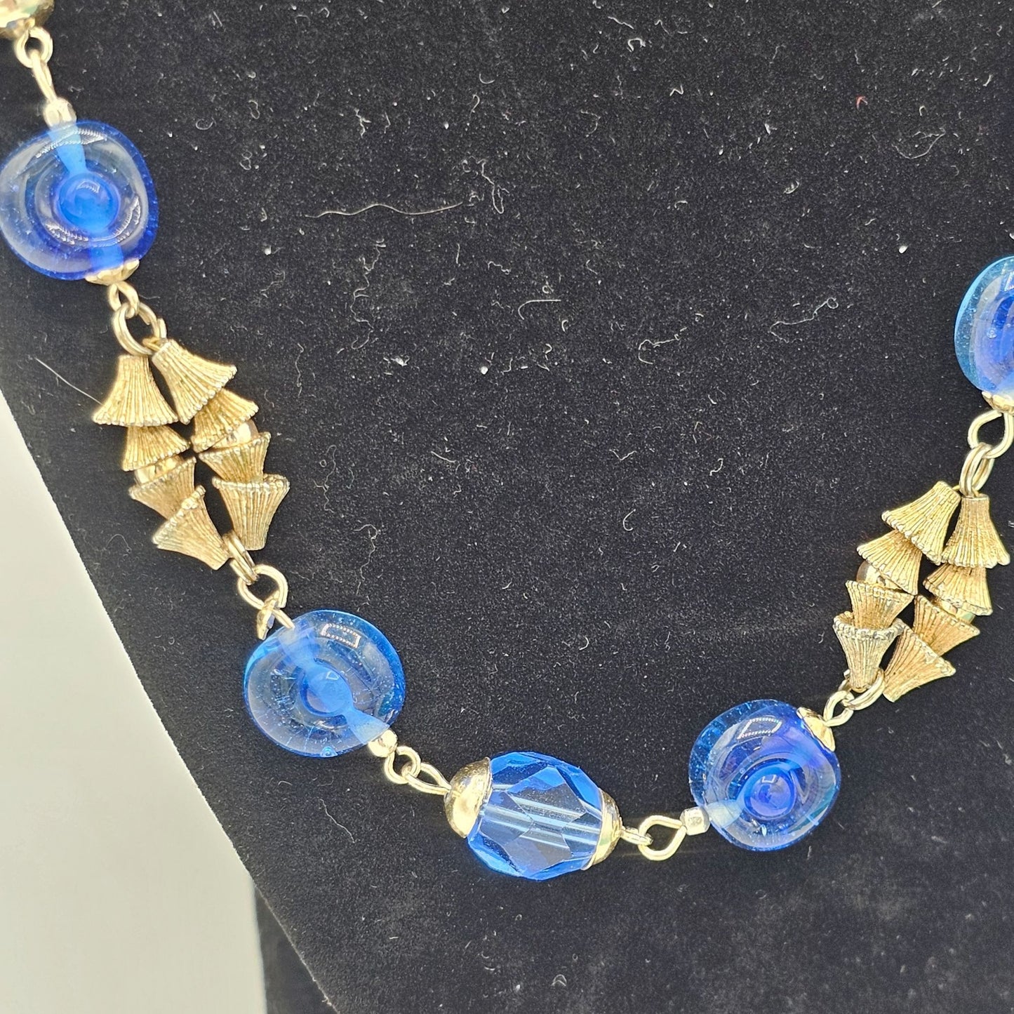 Vintage Blue Glass Crystal Silver-Tone Bell Unique Beaded Necklace