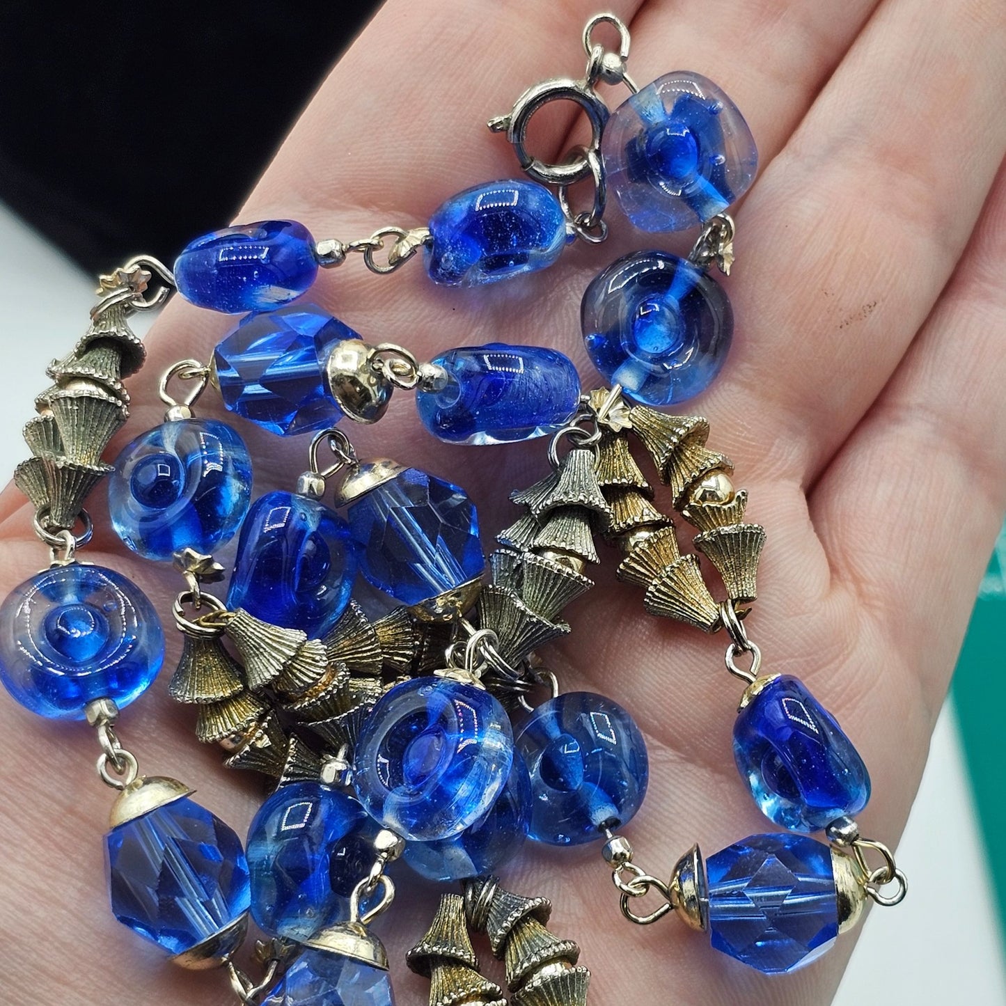 Vintage Blue Glass Crystal Silver-Tone Bell Unique Beaded Necklace