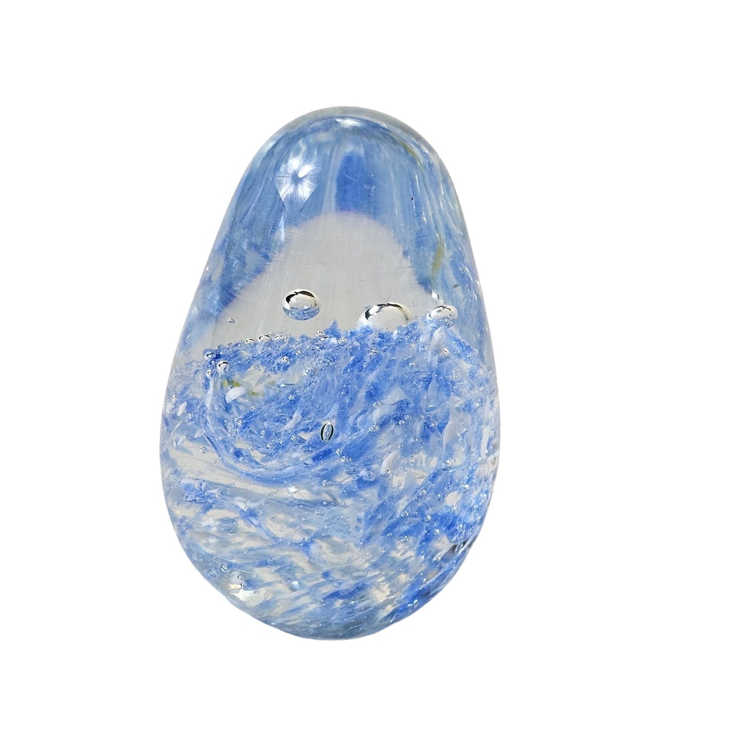 Handcrafted Blue & Clear Glass Bubble Egg Shaped Paperweight Swirling Design