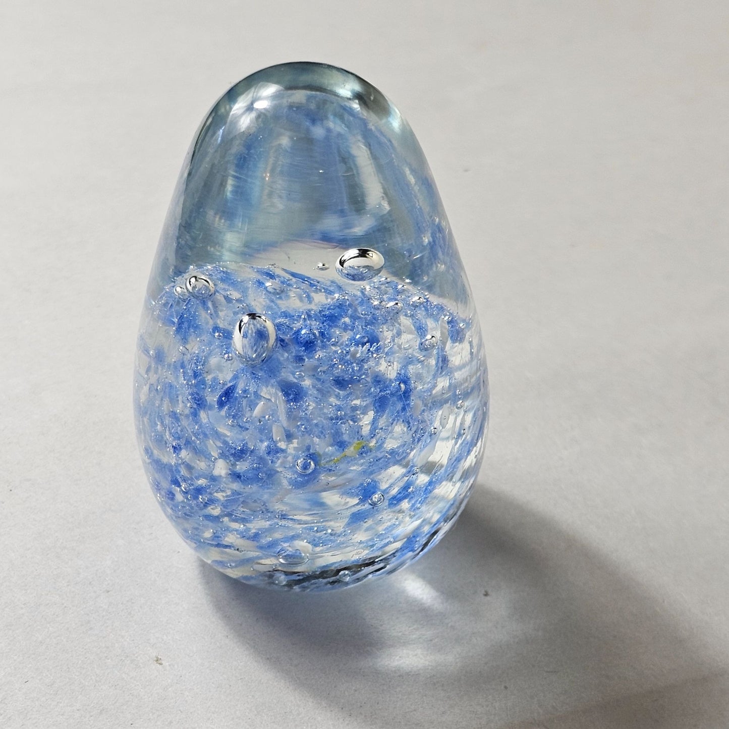 Handcrafted Blue & Clear Glass Bubble Egg Shaped Paperweight Swirling Design