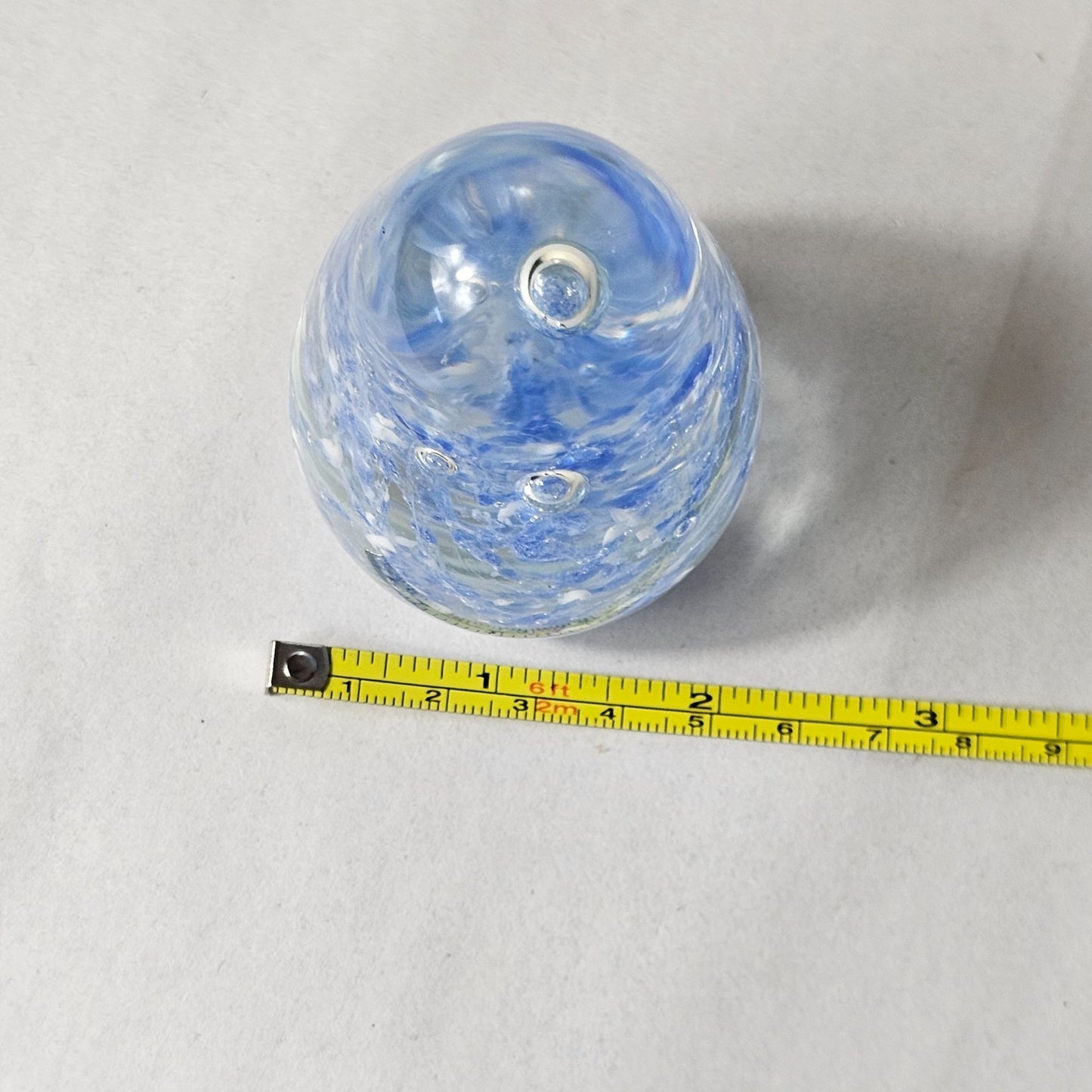 Handcrafted Blue & Clear Glass Bubble Egg Shaped Paperweight Swirling Design