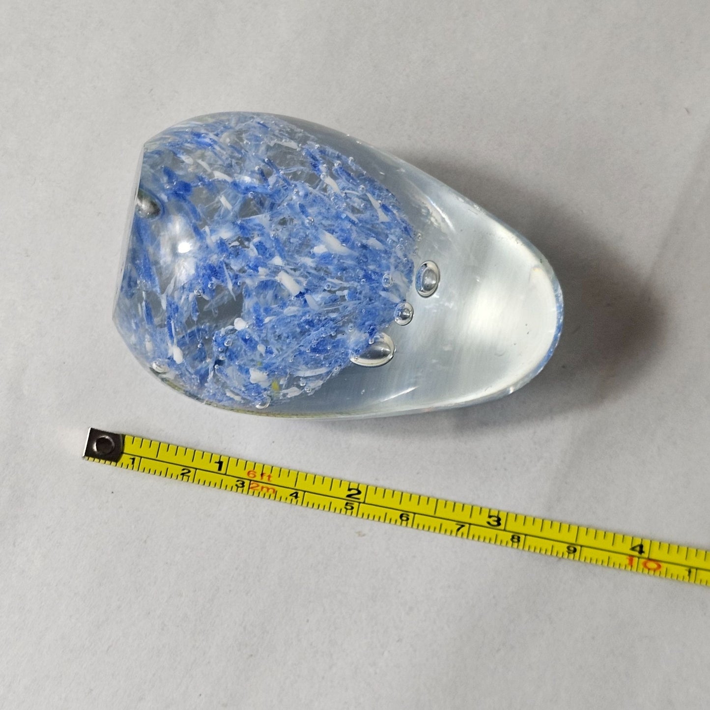 Handcrafted Blue & Clear Glass Bubble Egg Shaped Paperweight Swirling Design