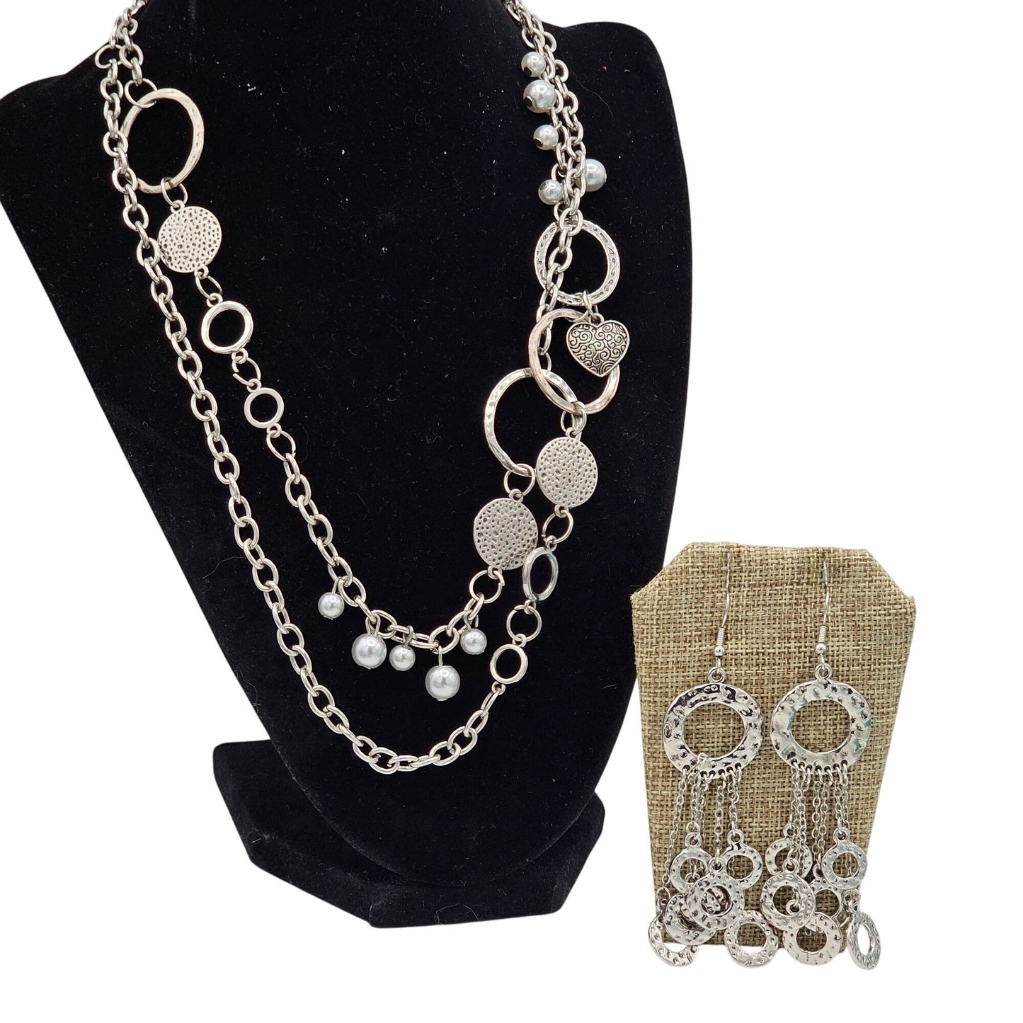 Long Layered Silver-Tone Necklace Earrings Set Metal Textured Rings Accents 90s