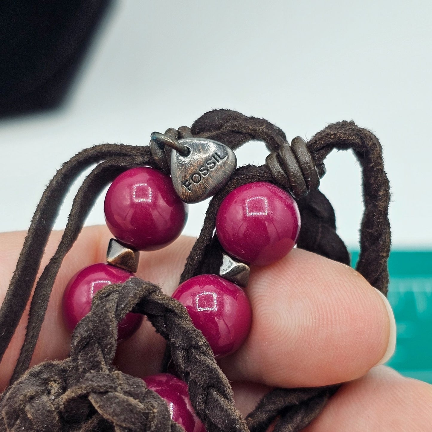 Fossil Braided Brown Cord Necklace With Large Pink Beads & Metal Accents