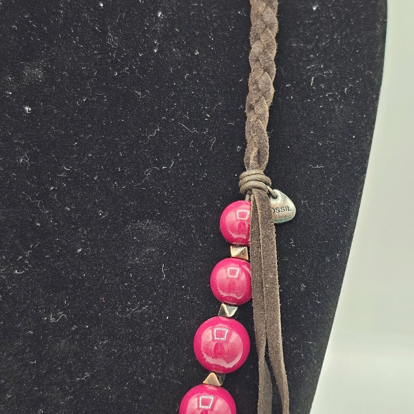 Fossil Braided Brown Cord Necklace With Large Pink Beads & Metal Accents