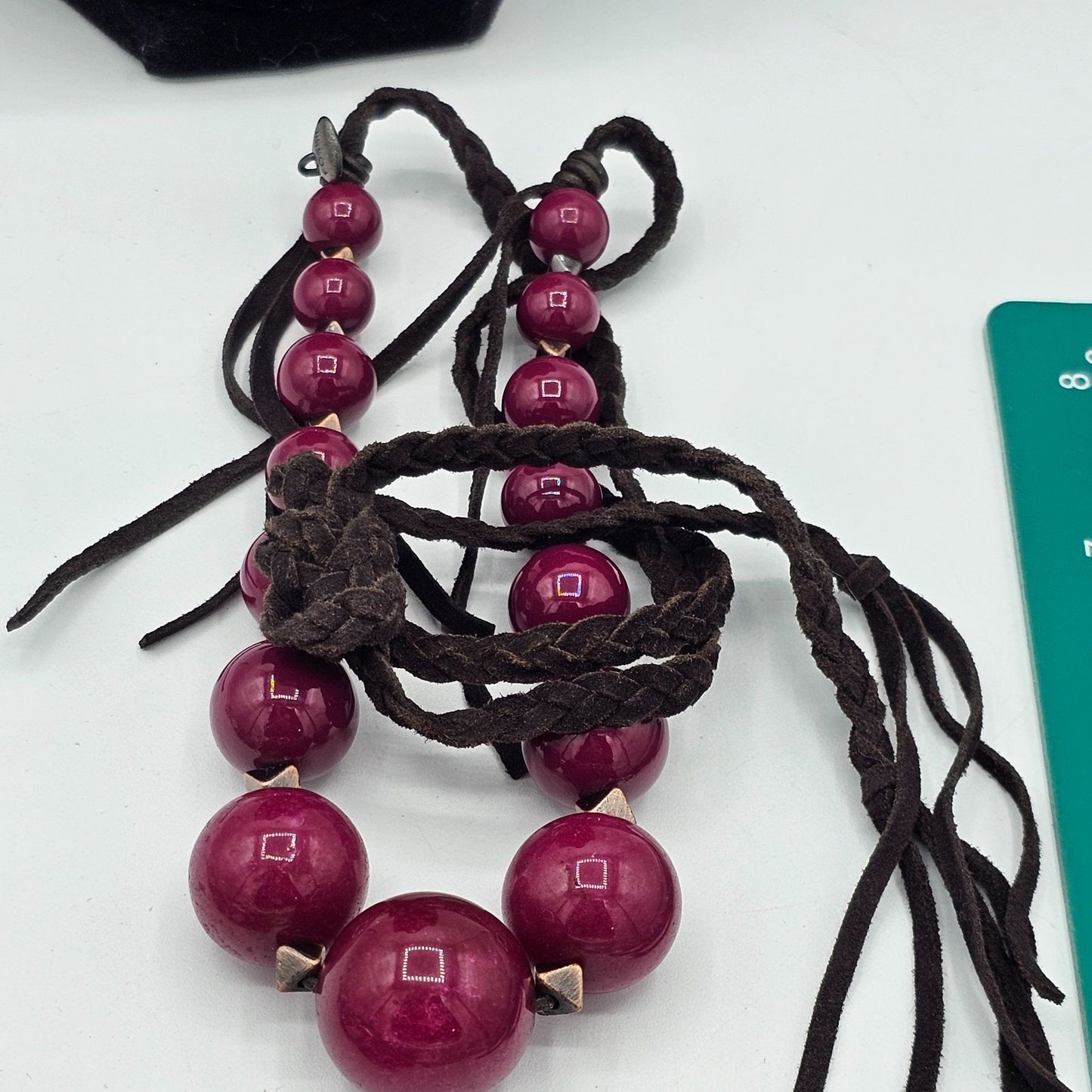 Fossil Braided Brown Cord Necklace With Large Pink Beads & Metal Accents