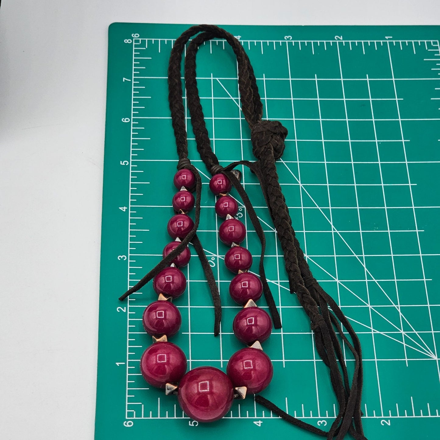 Fossil Braided Brown Cord Necklace With Large Pink Beads & Metal Accents