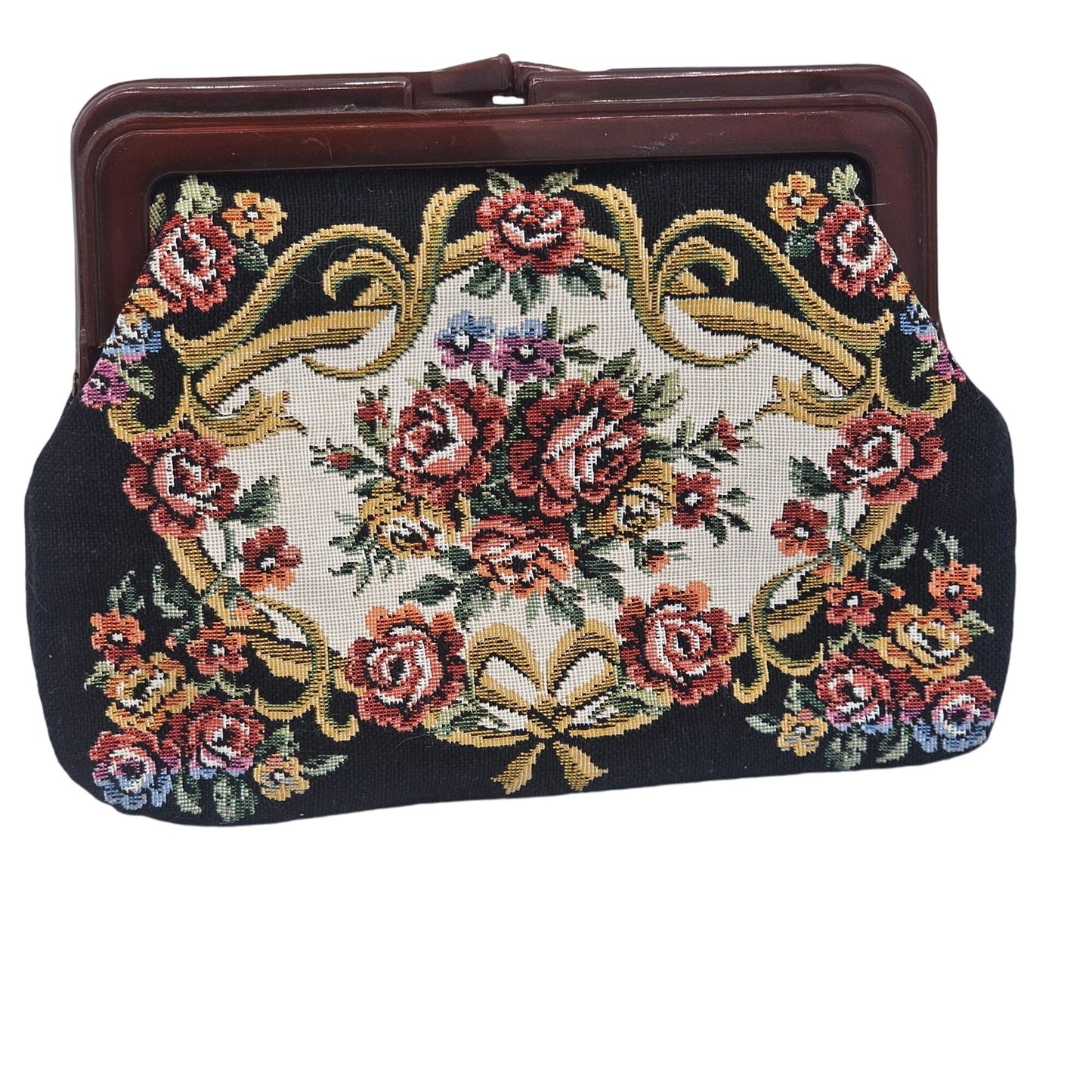 Vintage Victorian Style Floral Tapestry Clutch With Brown Lucite Kiss Lock Frame